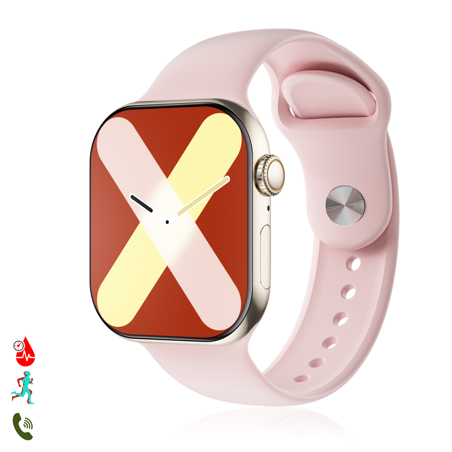 Smartwatch rosa con una X rossa e gialla sullo schermo e cinturino rosa, pulsante laterale oro.