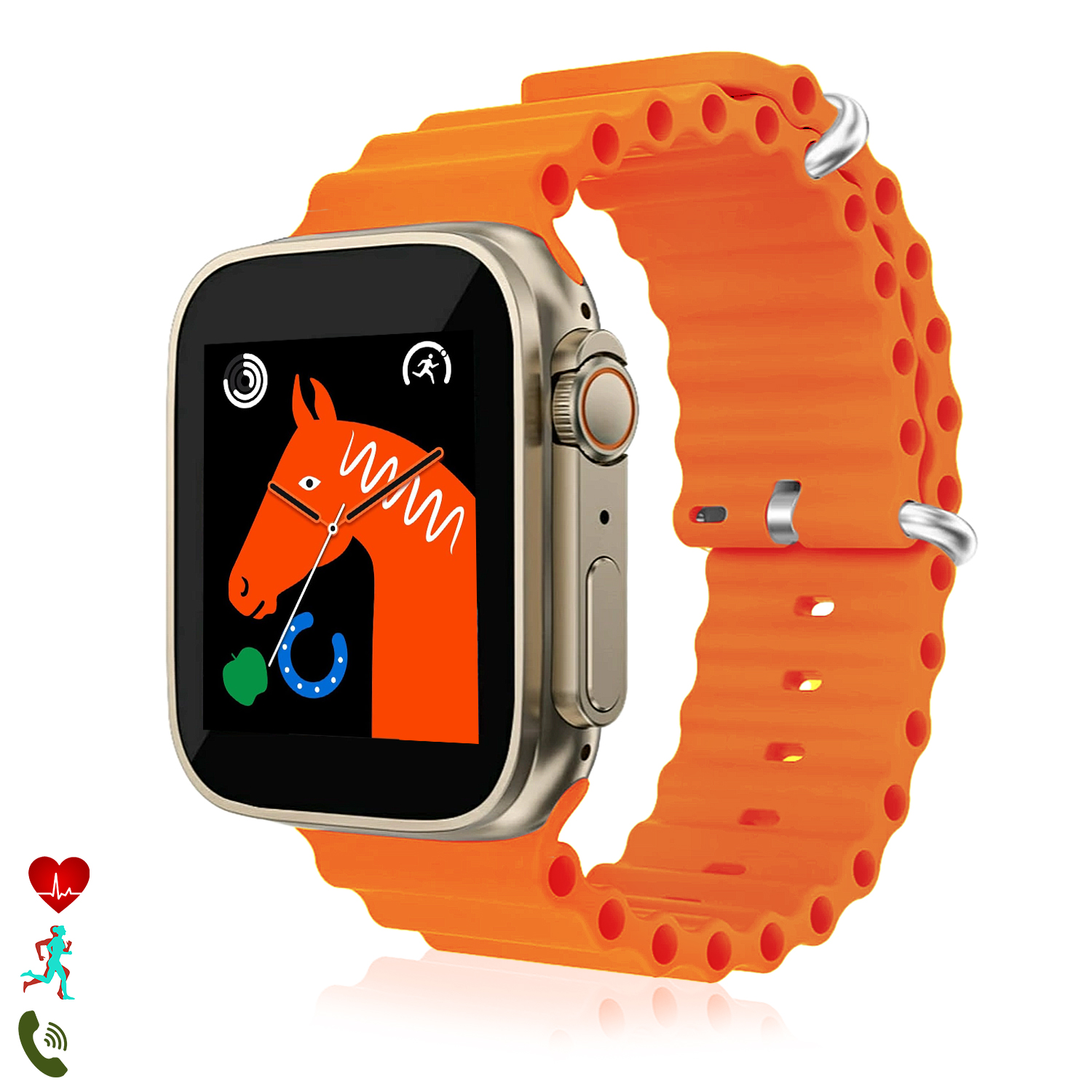 Smartwatch arancione con icona testa di cavallo. Cinturino arancione con chiusure argentate. Cassa color oro.