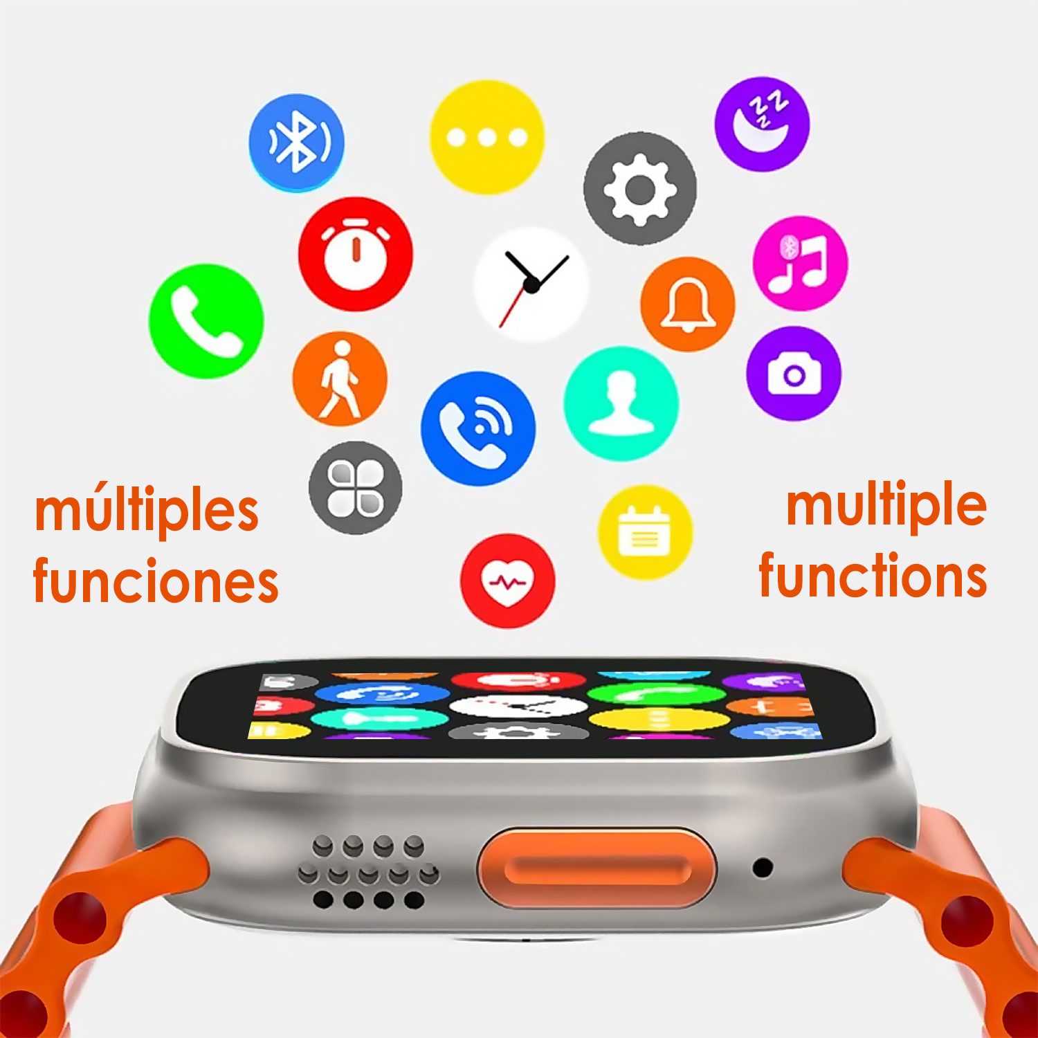 Smartwatch argentato e arancione con icone sullo schermo. Cinturino arancione. Lo sfondo è chiaro.