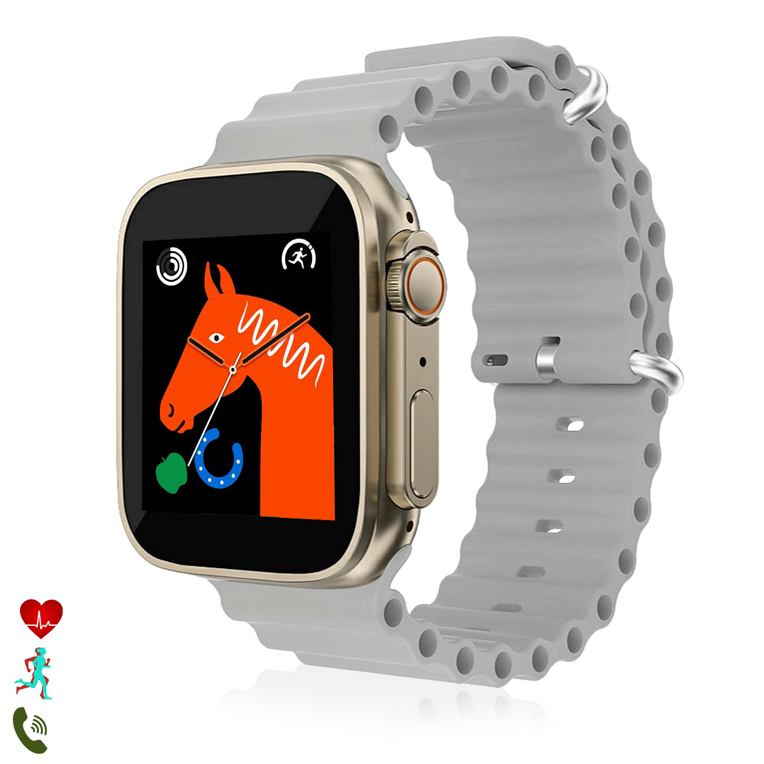 Smartwatch grigio con icona testa di cavallo. Cinturino grigio con chiusure argentate. Cassa color oro.