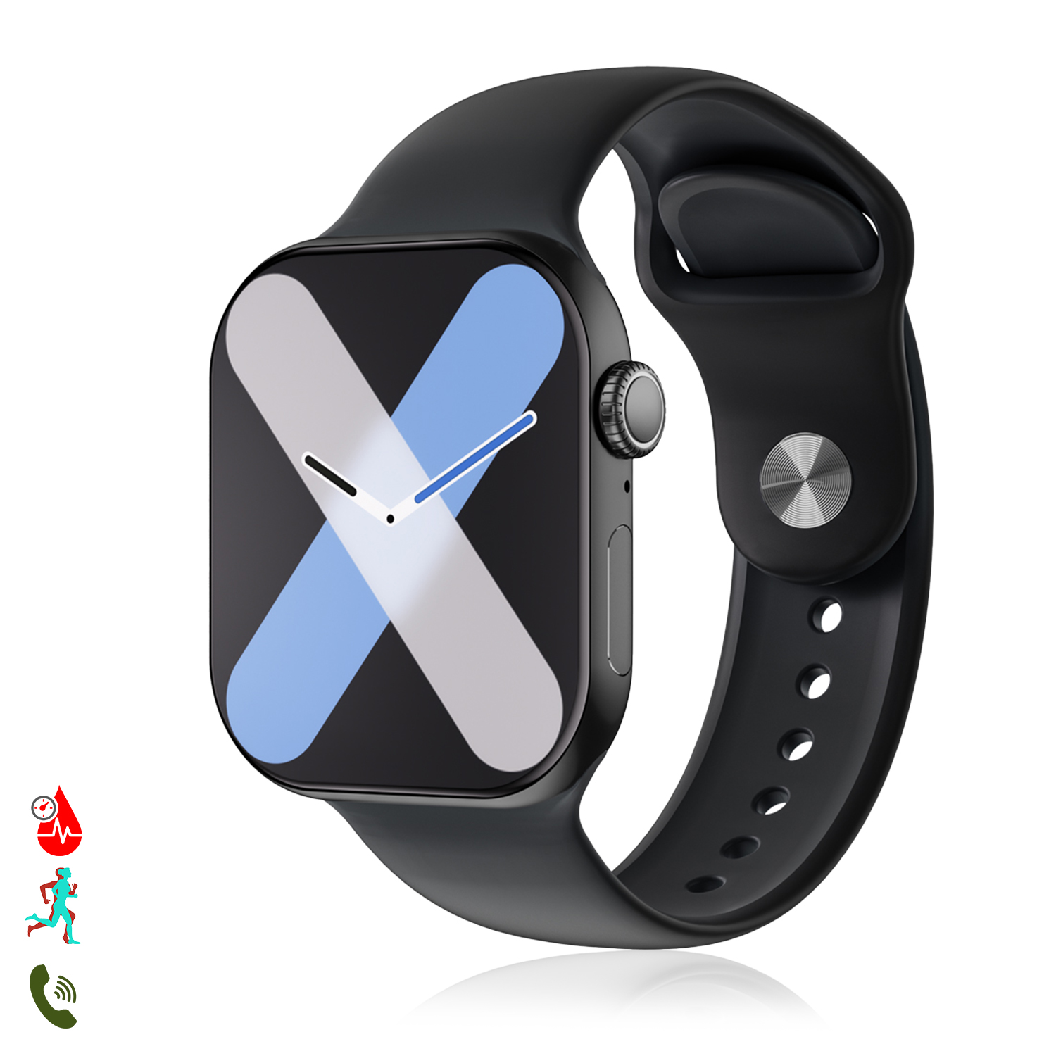 Smartwatch nero con cinturino nero, mostra un design a X sullo schermo.