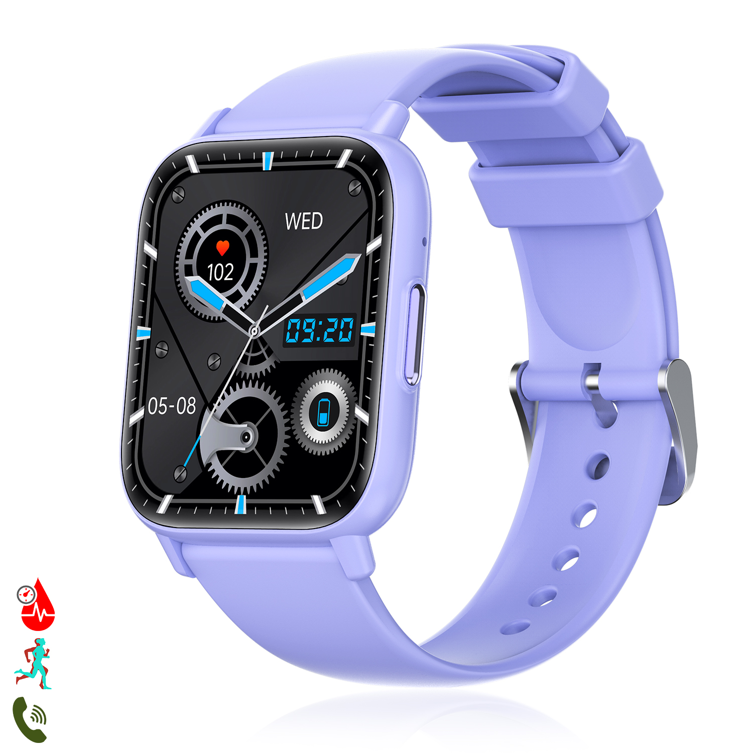 Smartwatch viola con cinturino viola che mostra quadrante e data.