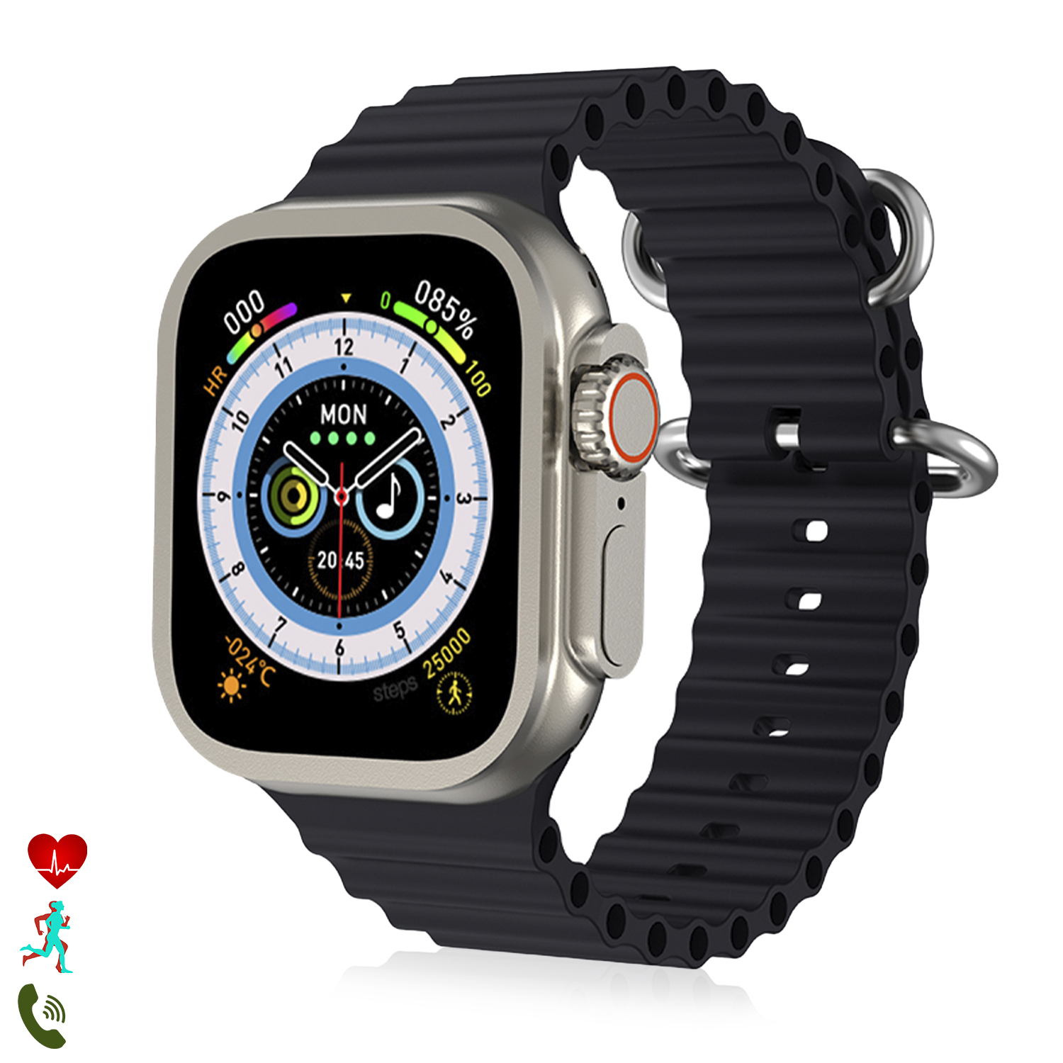 Smartwatch argentato con cinturino nero, che mostra dati. Include icone per cuore, corsa e telefono.