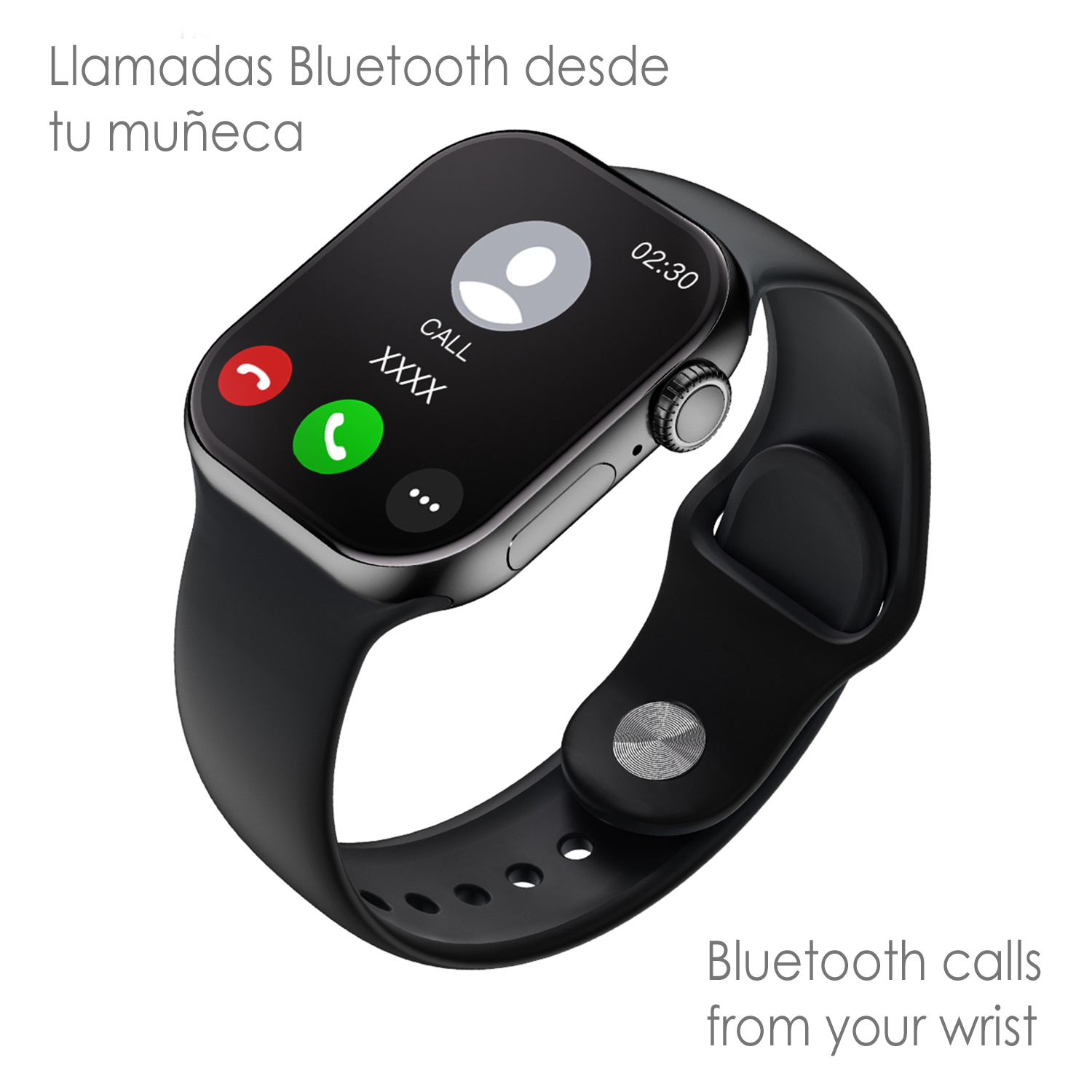 Smartwatch con cinturino nero che mostra un'interfaccia di chiamata. Il testo dice 'CALL' e 'XXXX'.