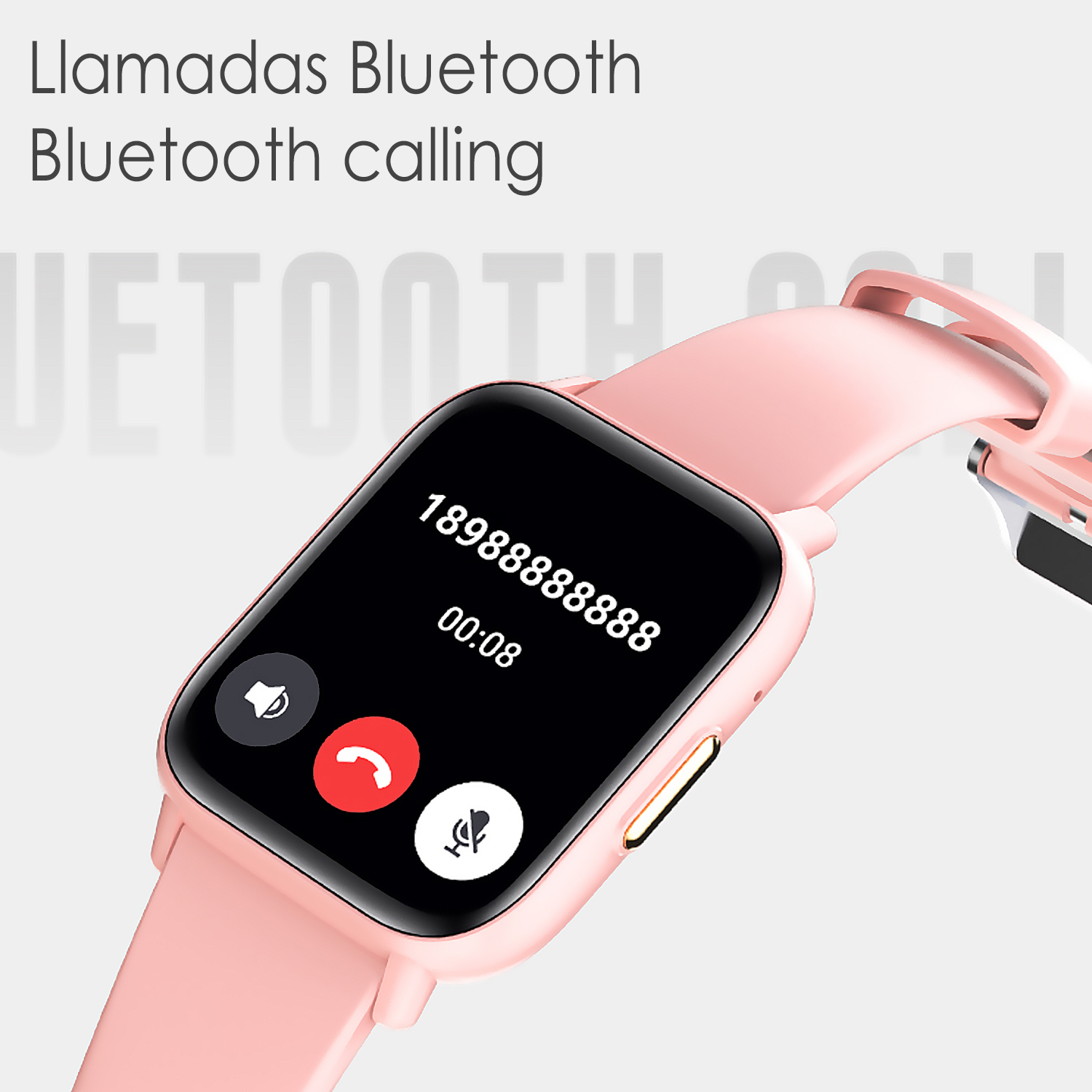 Smartwatch rosa con schermata di chiamata e numero.