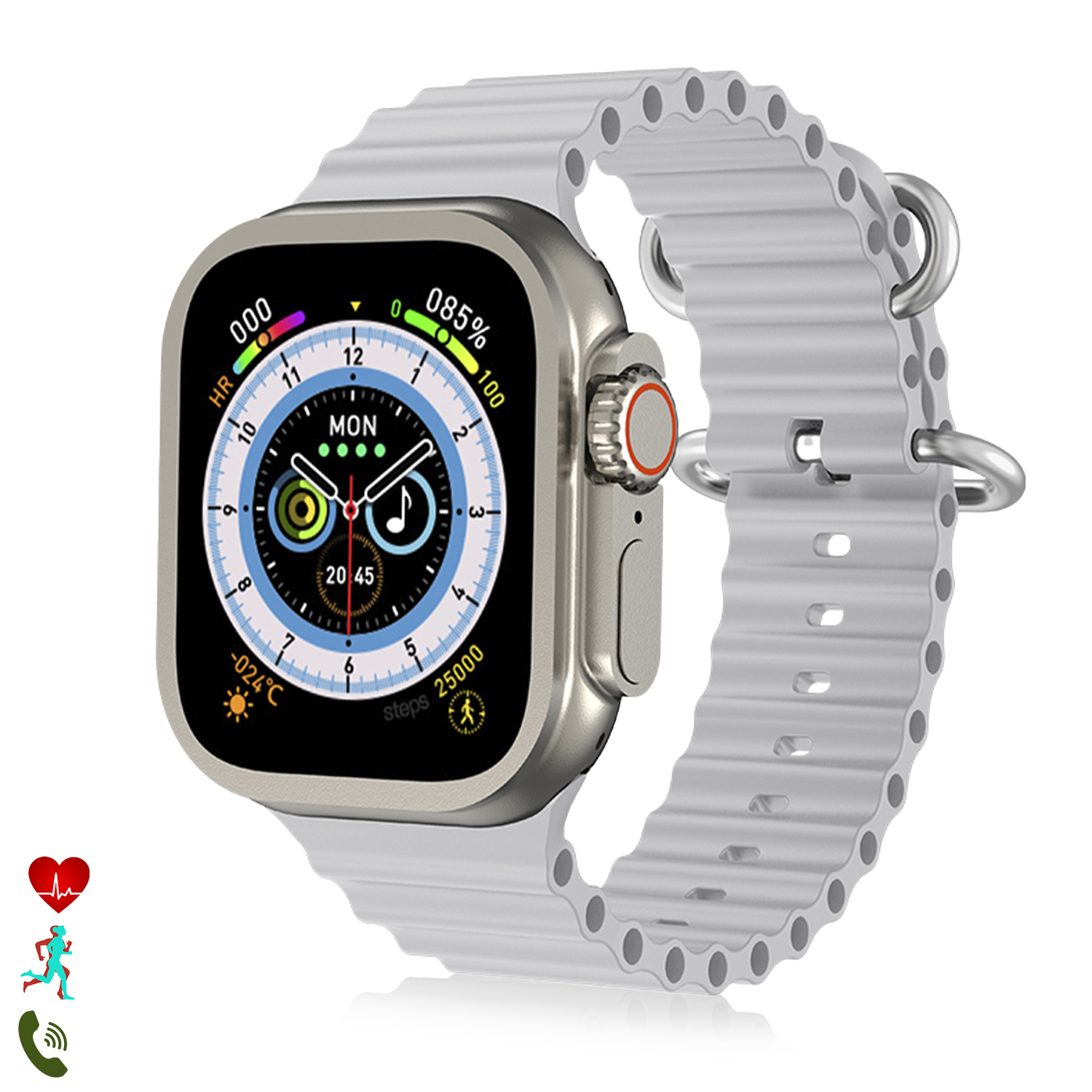 Smartwatch argento, cinturino bianco, mostra ora, statistiche e salute.