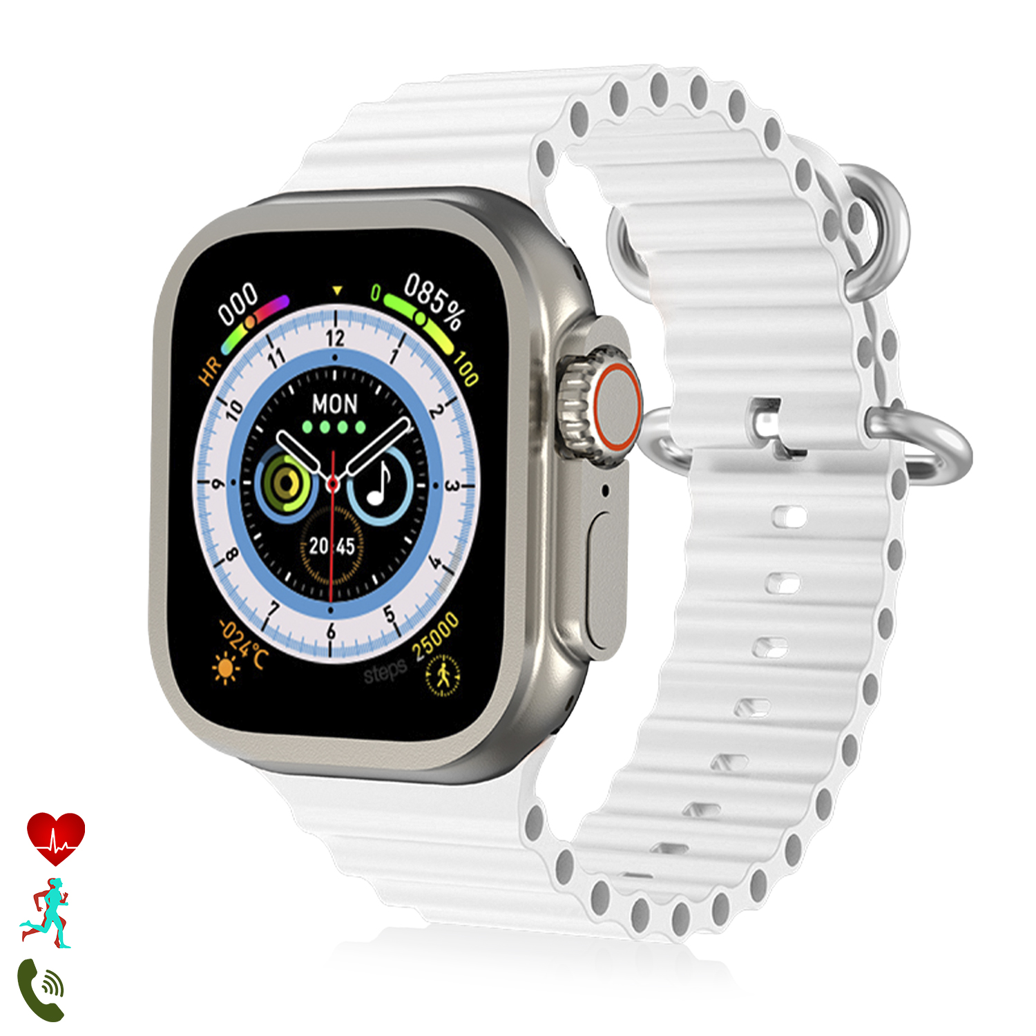 Smartwatch plateado con banda blanca, mostrando datos. Incluye iconos de corazón, correr y teléfono.