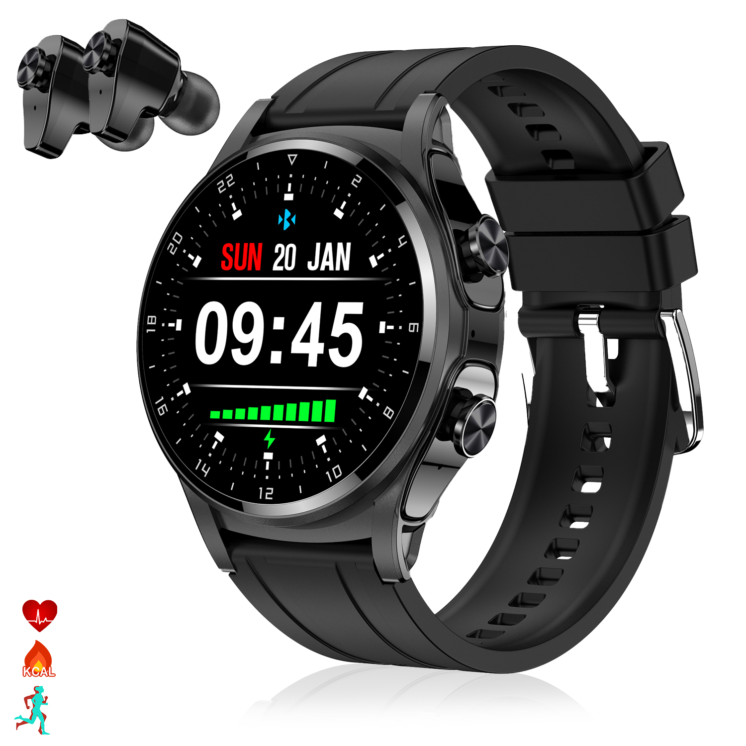 Smartwatch nero con auricolari neri. Mostra ora e statistiche sanitarie.