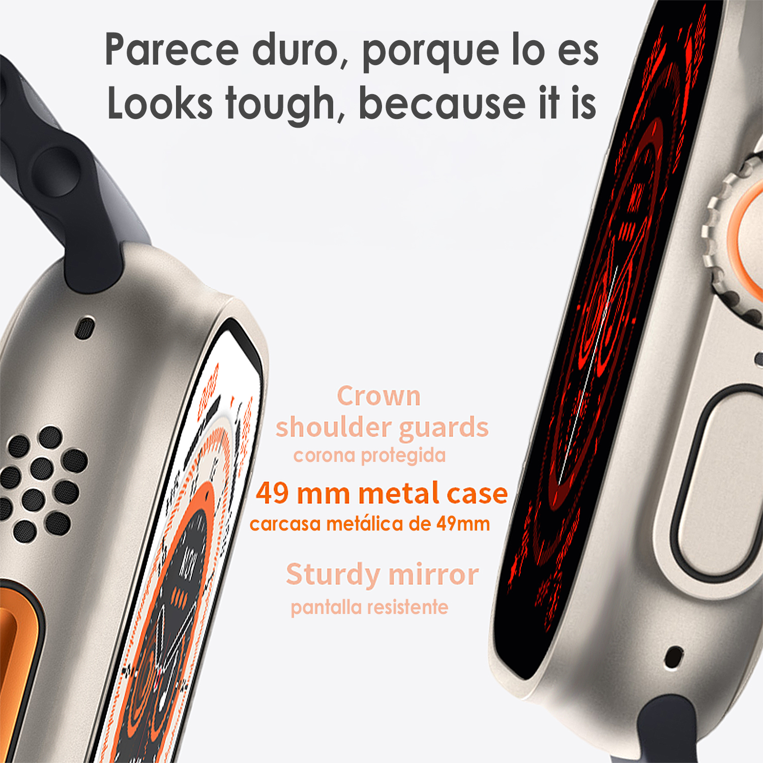 Primer plano de smartwatch plateado, mostrando detalles lateral y pantalla.