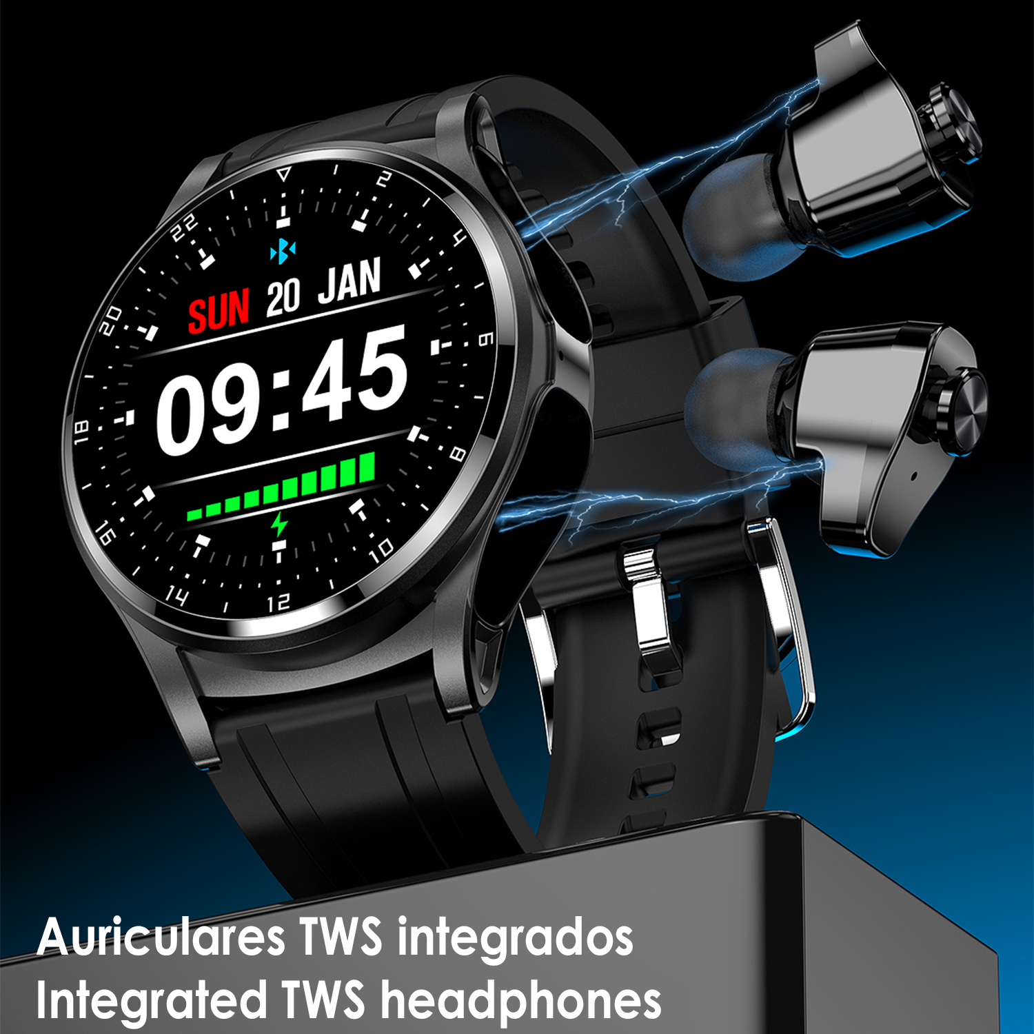 Smartwatch nero con cuffie TWS integrate. L'orologio mostra l'ora. Sono visibili linee di energia blu.