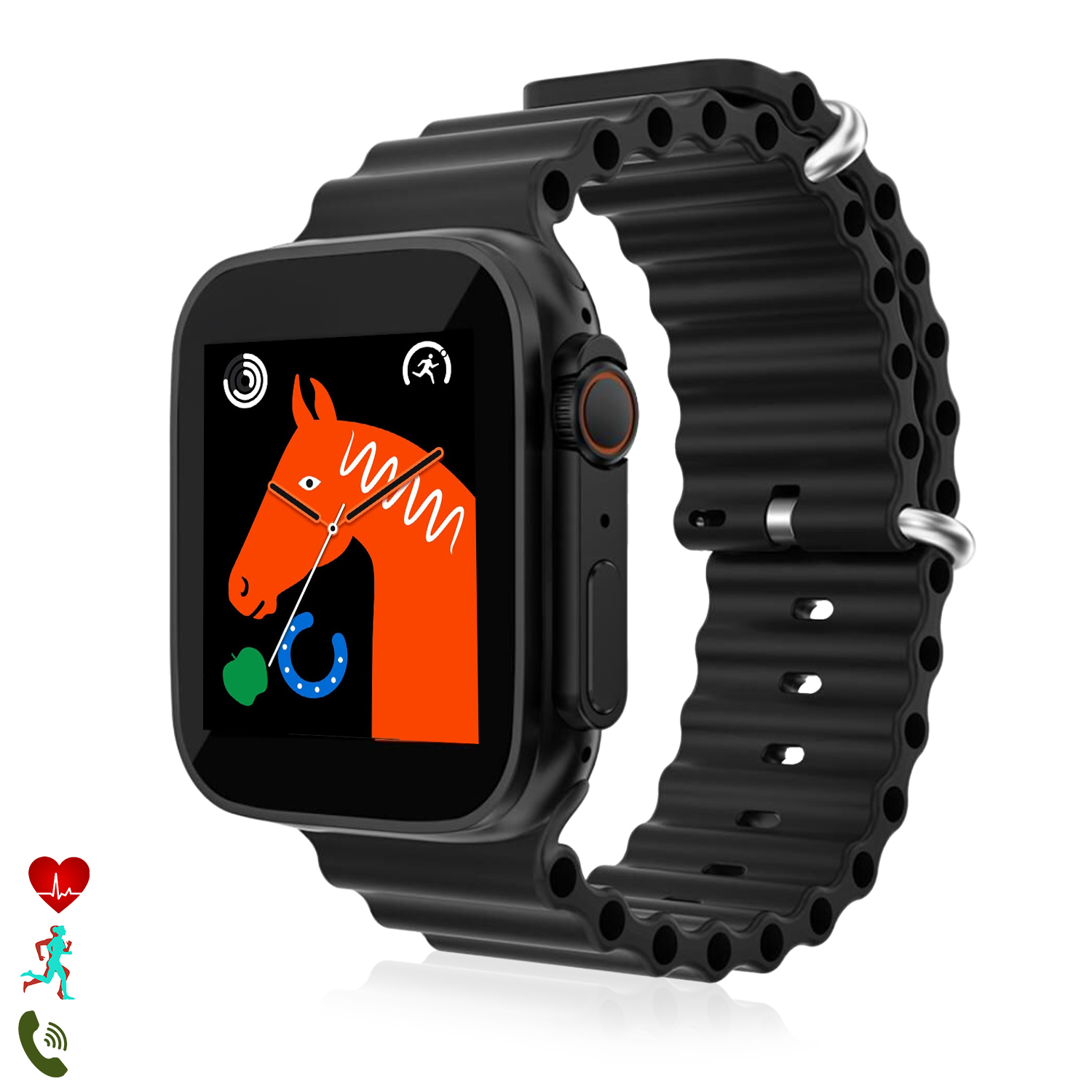 Smartwatch nero con cavallo sullo schermo e cinturino nero.