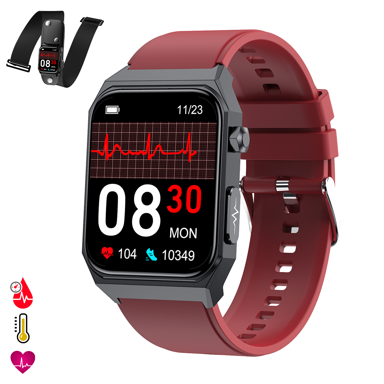 Uno smartwatch mostra i segni vitali. Ha un cinturino rosso e un display digitale che mostra l'ora e le metriche di salute.