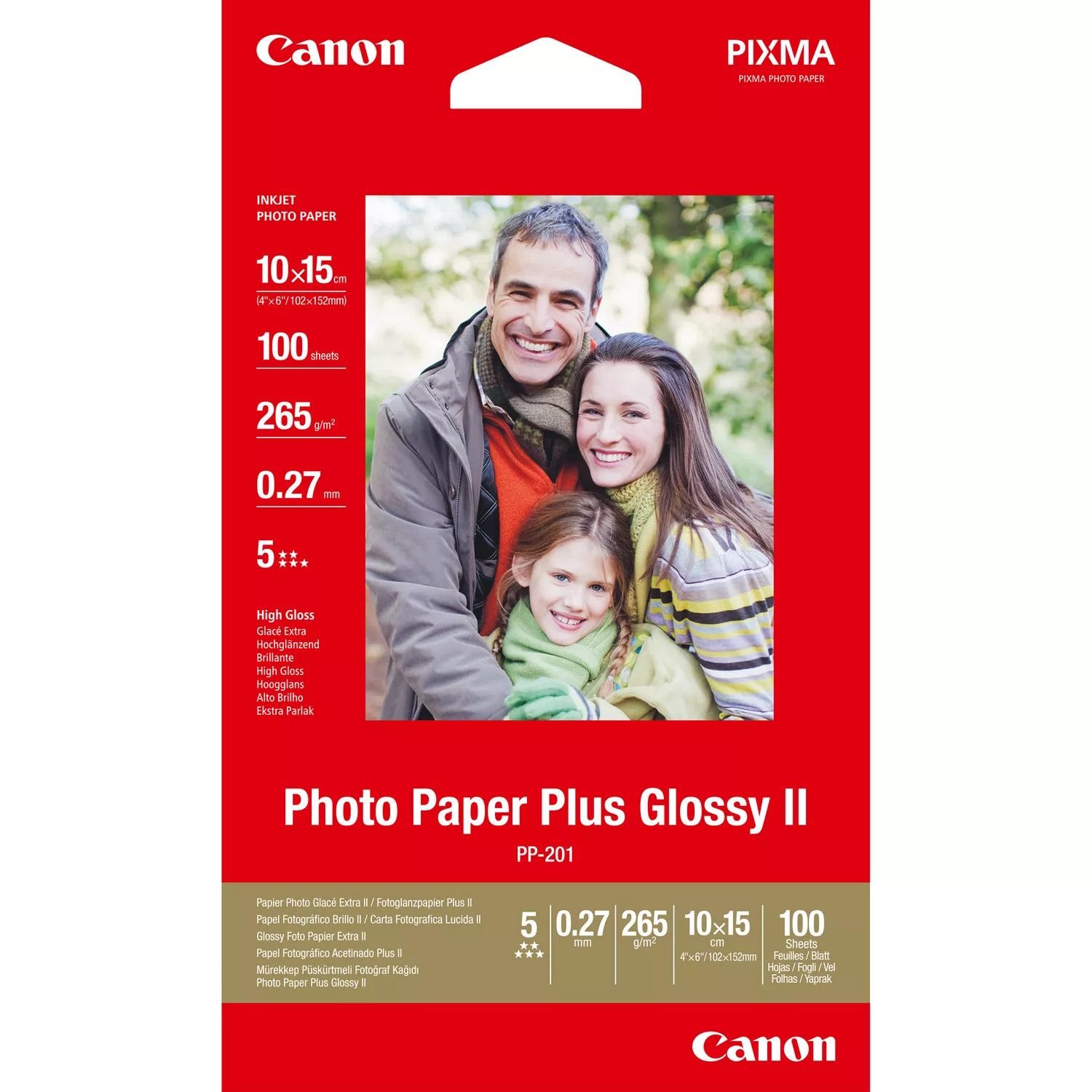 Un pacco di carta fotografica Canon. L'immagine mostra una famiglia. La carta è lucida e la confezione è etichettata con dettagli.