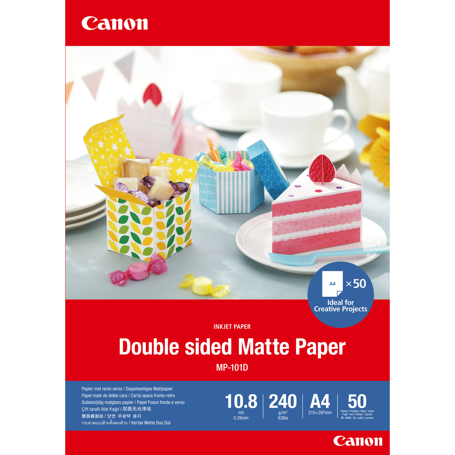 Weiß-rote Canon-Papierpackung. Das Bild zeigt einen bunten Kuchen und Geschenke. Das Papier ist doppelseitig matt.