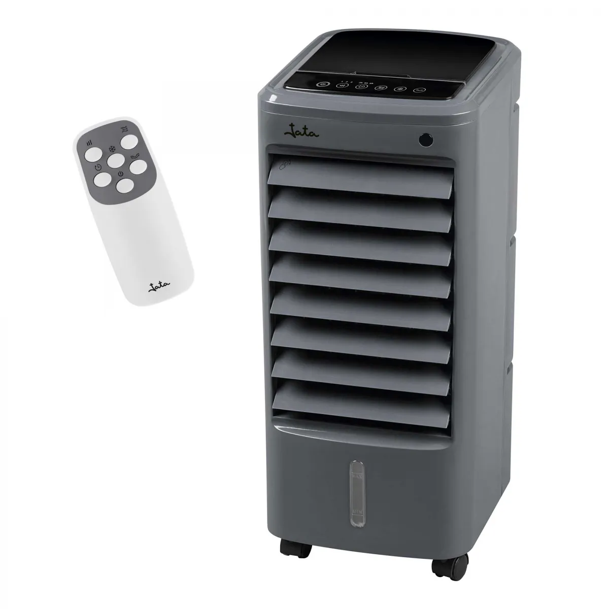 Enfriador de aire gris con mando a distancia blanco. El enfriador tiene un panel para los botones de control.