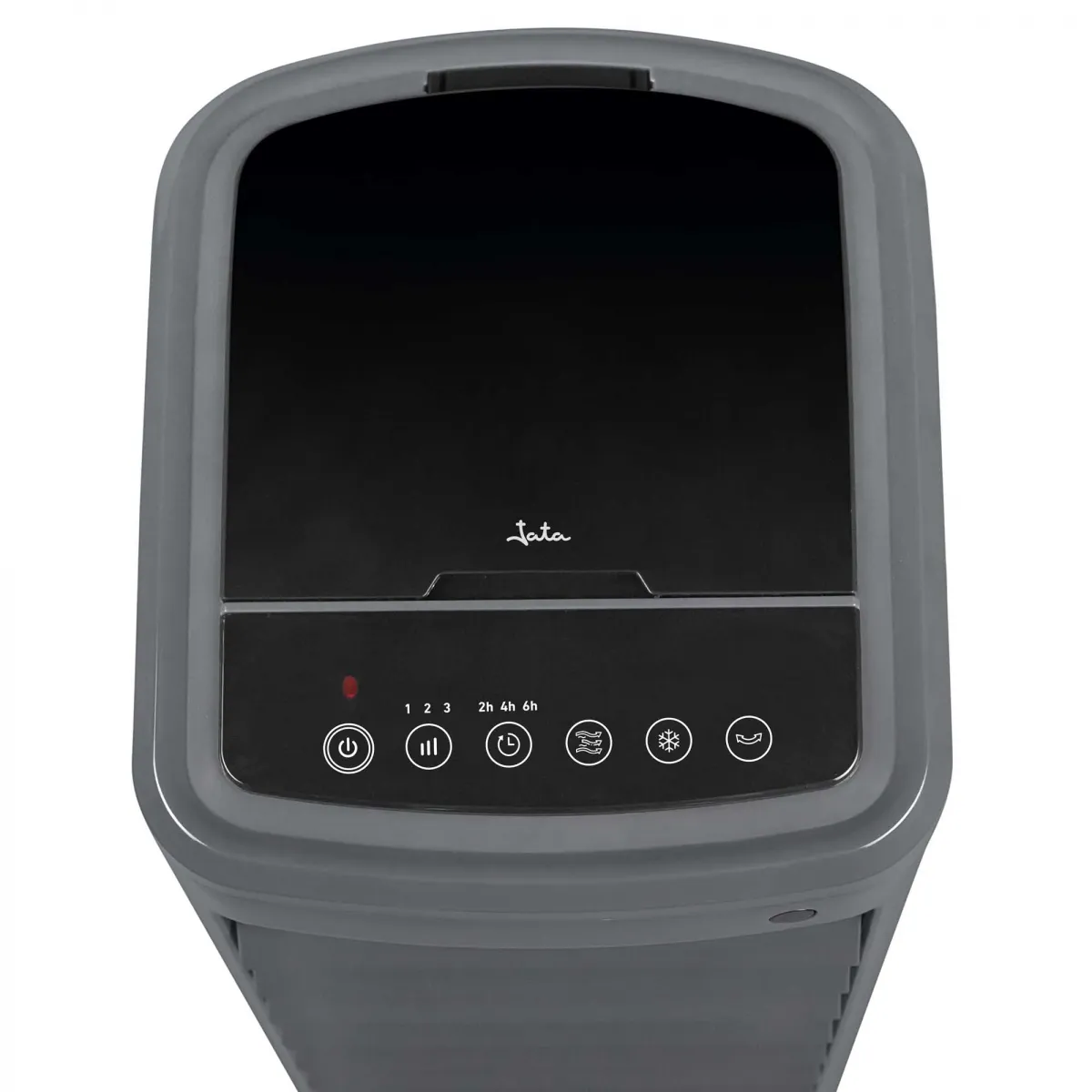La parte superior de un ventilador gris con un panel de control negro. Hay botones para encendido, velocidad, temporizador, modo y frío.