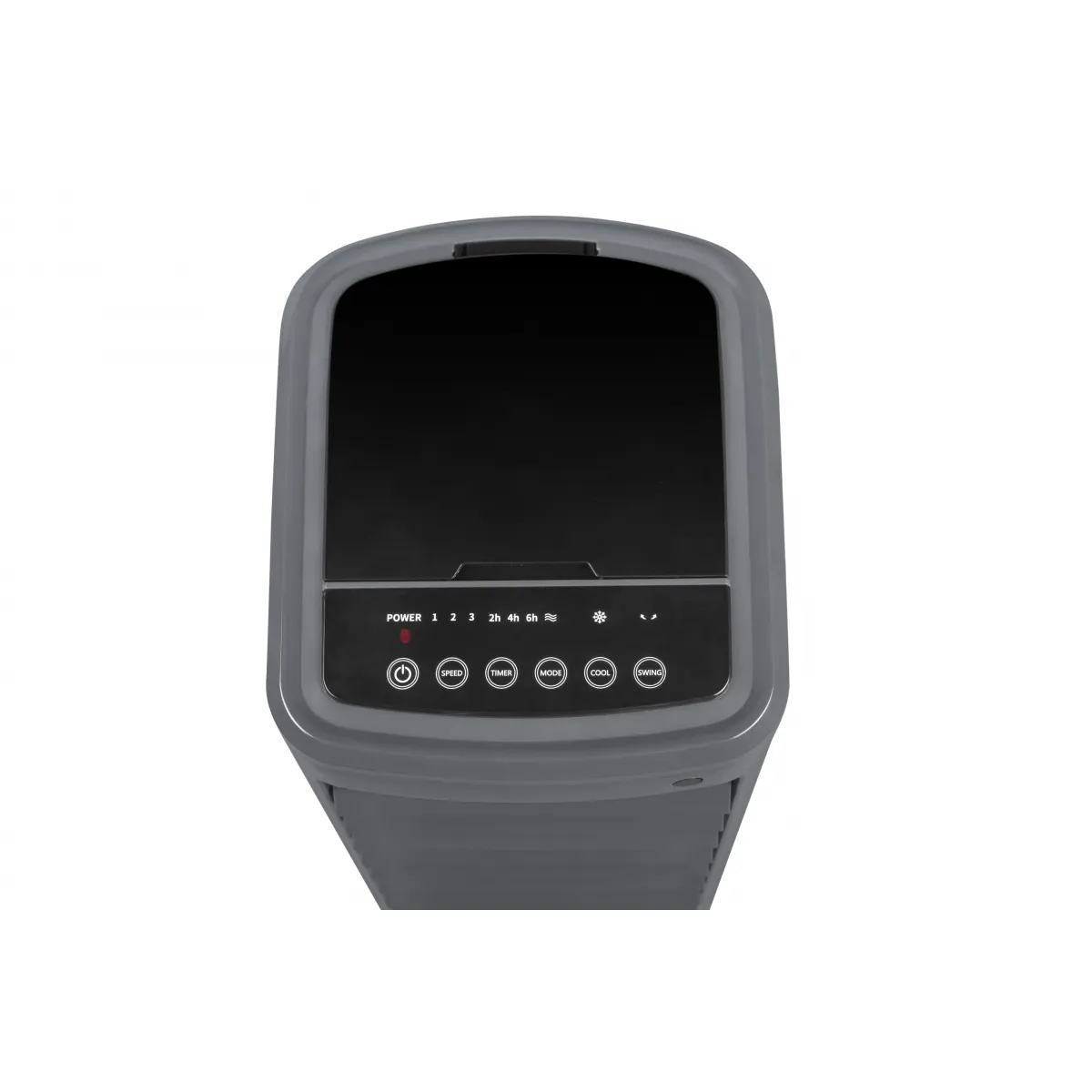 La parte superior de un ventilador gris con un panel de control negro. Hay botones para encendido, velocidad, temporizador, modo y frío.