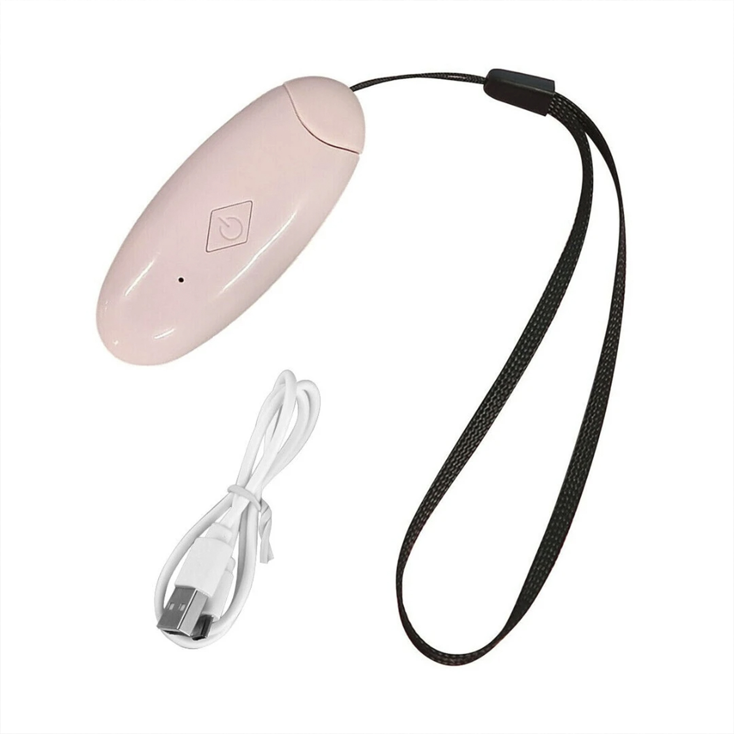 Dispositivo rosa con correa negra y cable USB. Tiene un botón de encendido en la parte frontal.