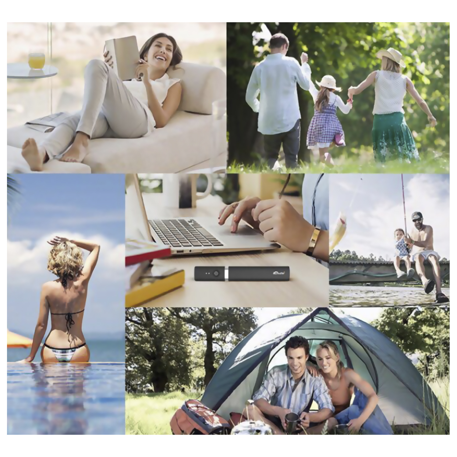 Collage con varias escenas. Gente leyendo, trabajando, tomando el sol, pescando y acampando.