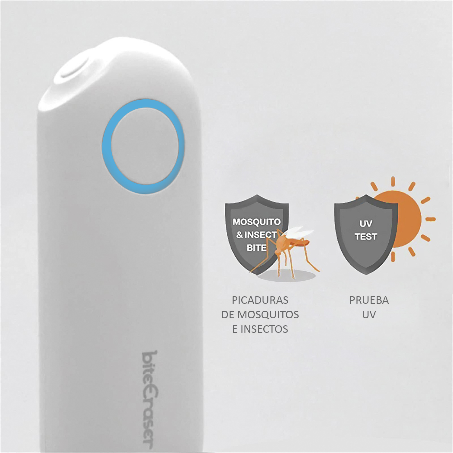 Dispositivo blanco con anillo de luz azul e ilustraciones, mostrando protección contra mosquitos y rayos UV.