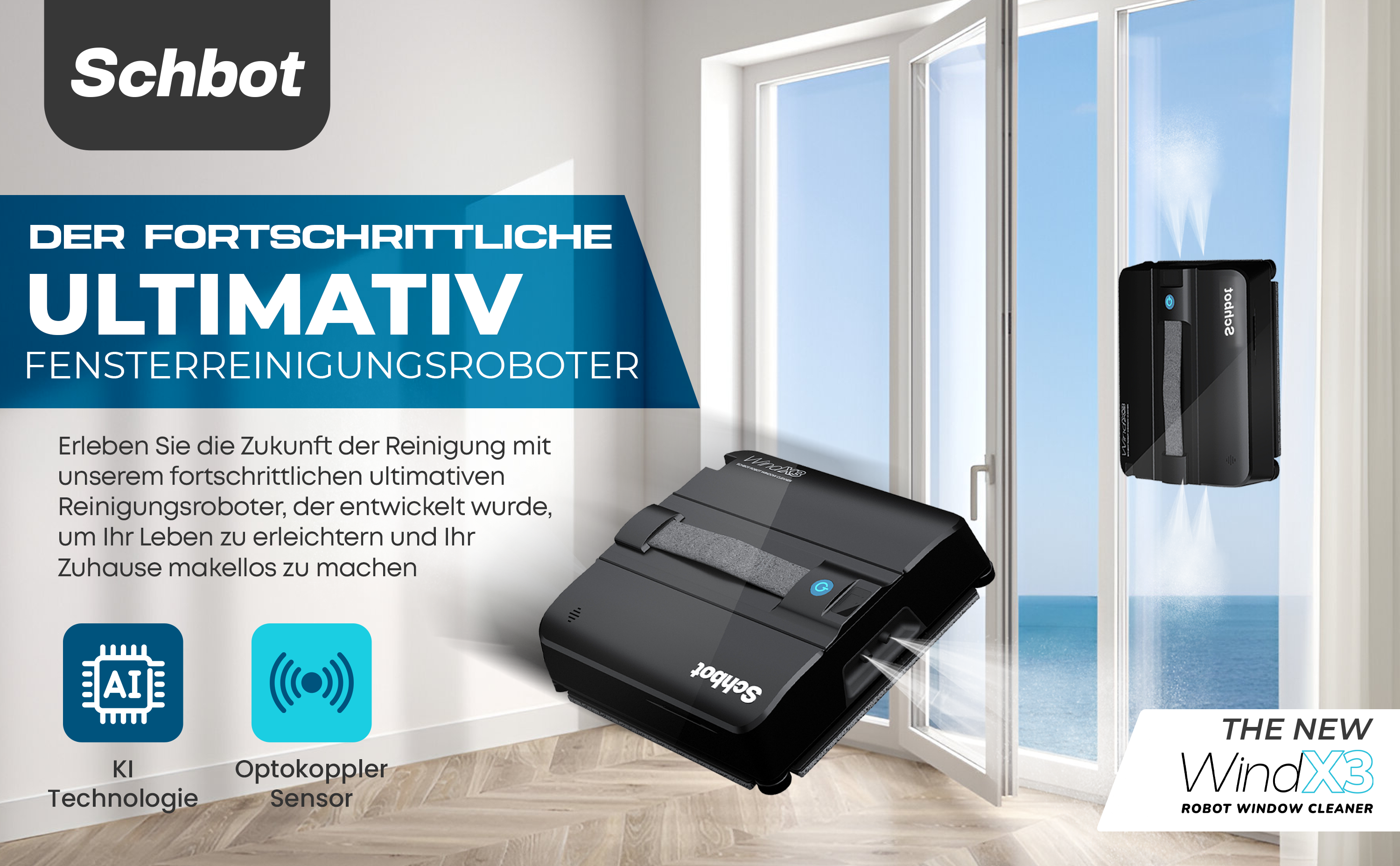 Werbebild eines Reinigungsroboters mit Text auf Deutsch.