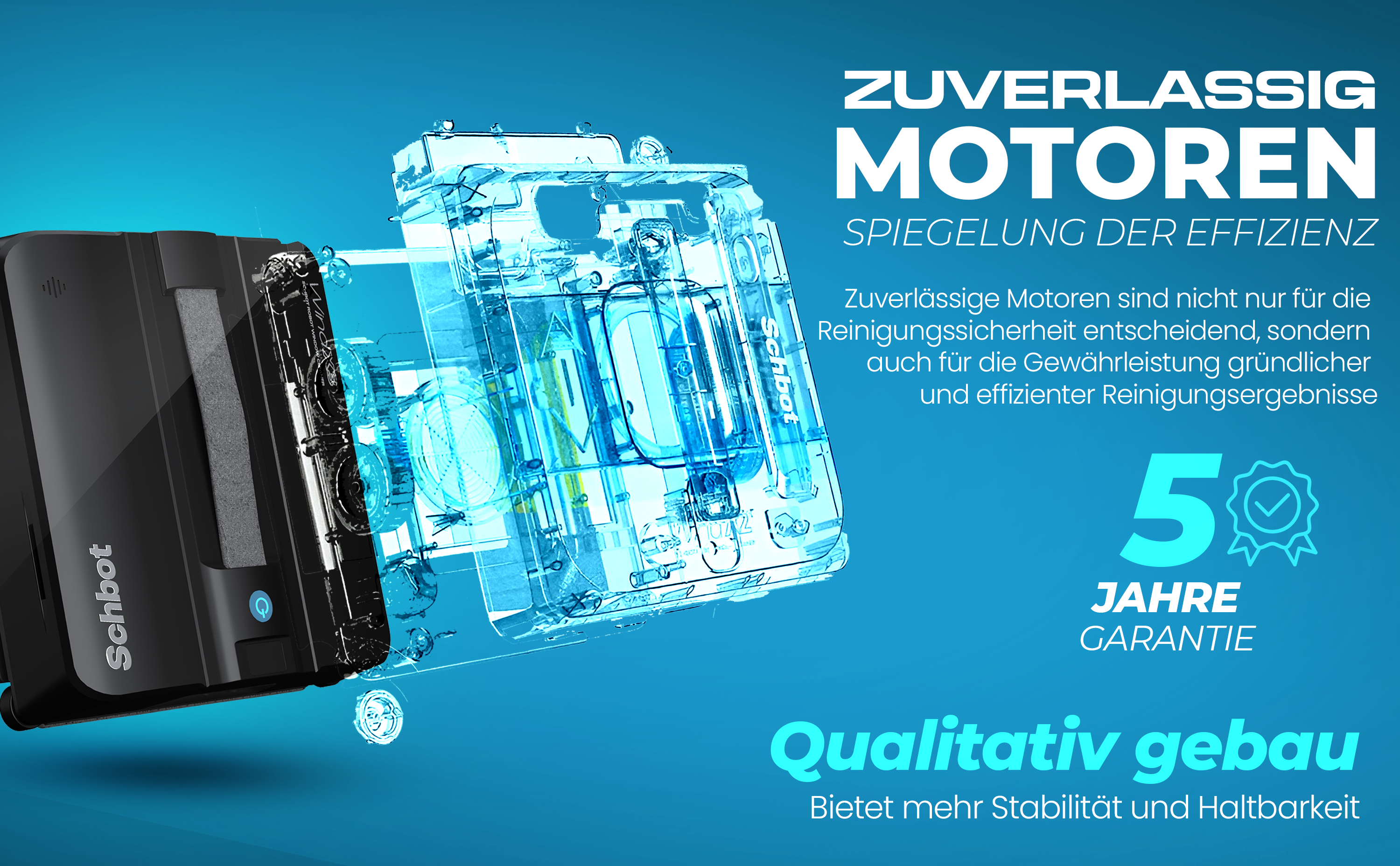 Werbebild eines Reinigungsroboters mit Text auf Deutsch.