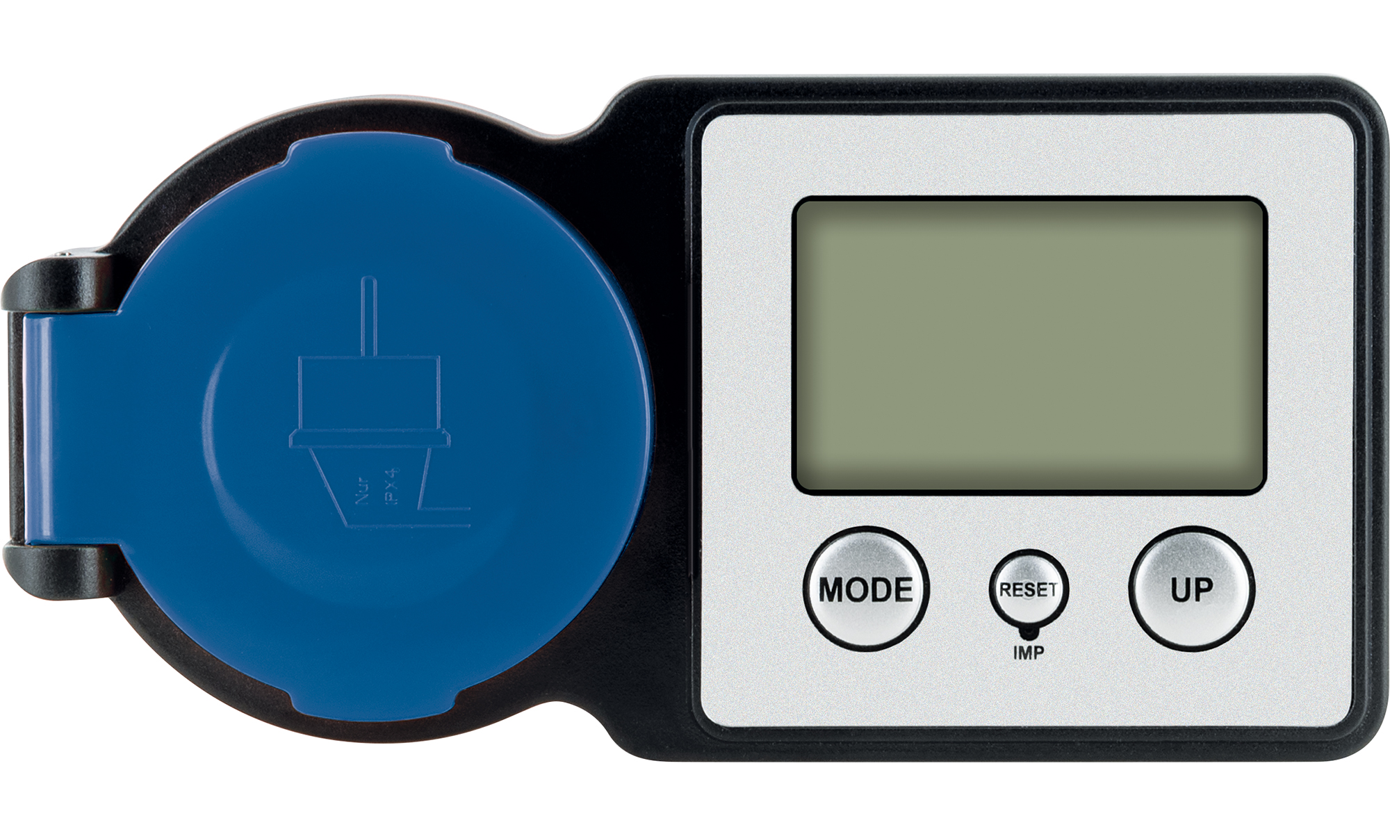 Schwarzes Leistungsmessgerät. LCD ist leer. Knöpfe: MODE, RESET, UP. Blaue Abdeckung geschlossen.