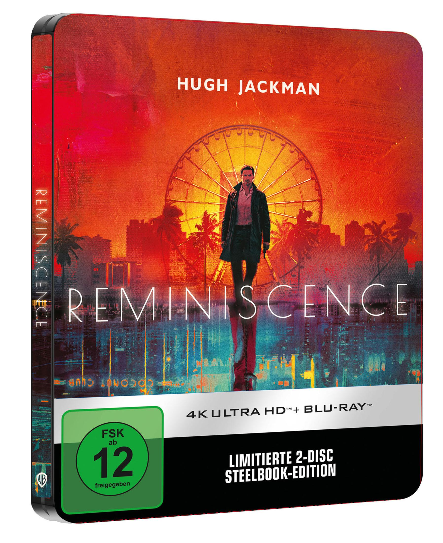 Reminiscence DVD-Cover, Hugh Jackman, steht im Wasser, Riesenrad-Reflexion, Steelbook-Edition.