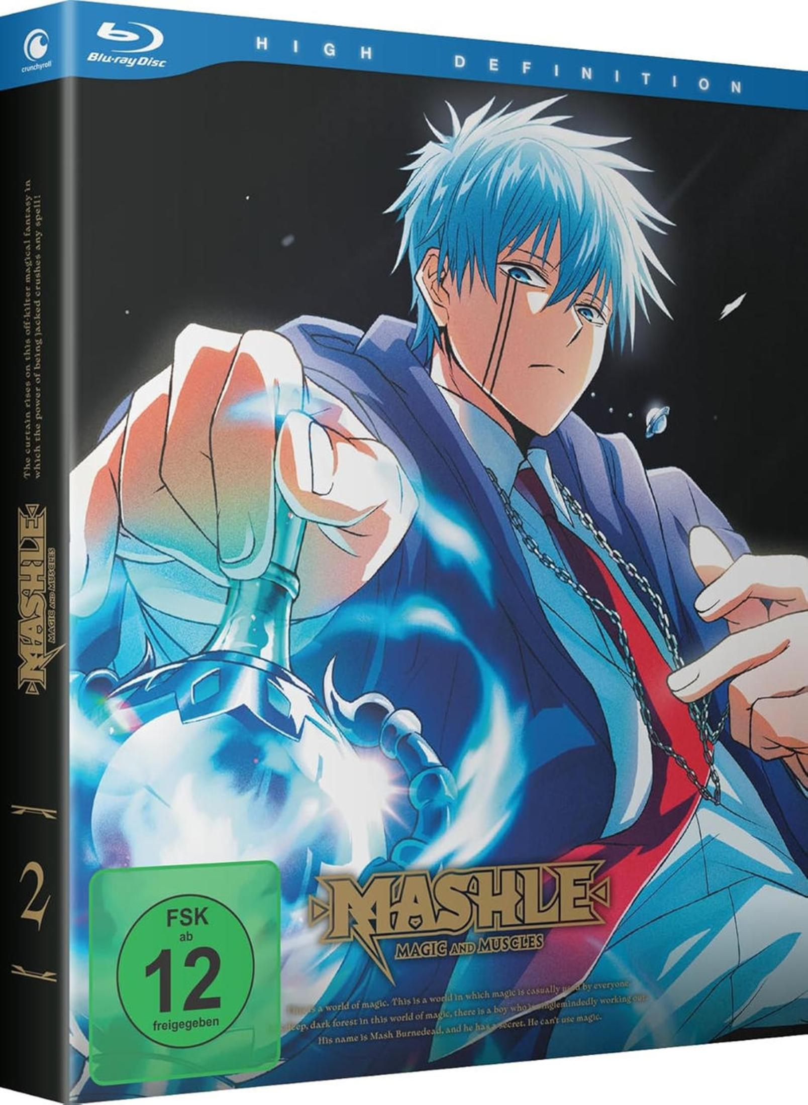 Couverture Blu-ray d'anime. Un homme aux cheveux bleus et une épée est sur la couverture. Le titre est : Mashle.