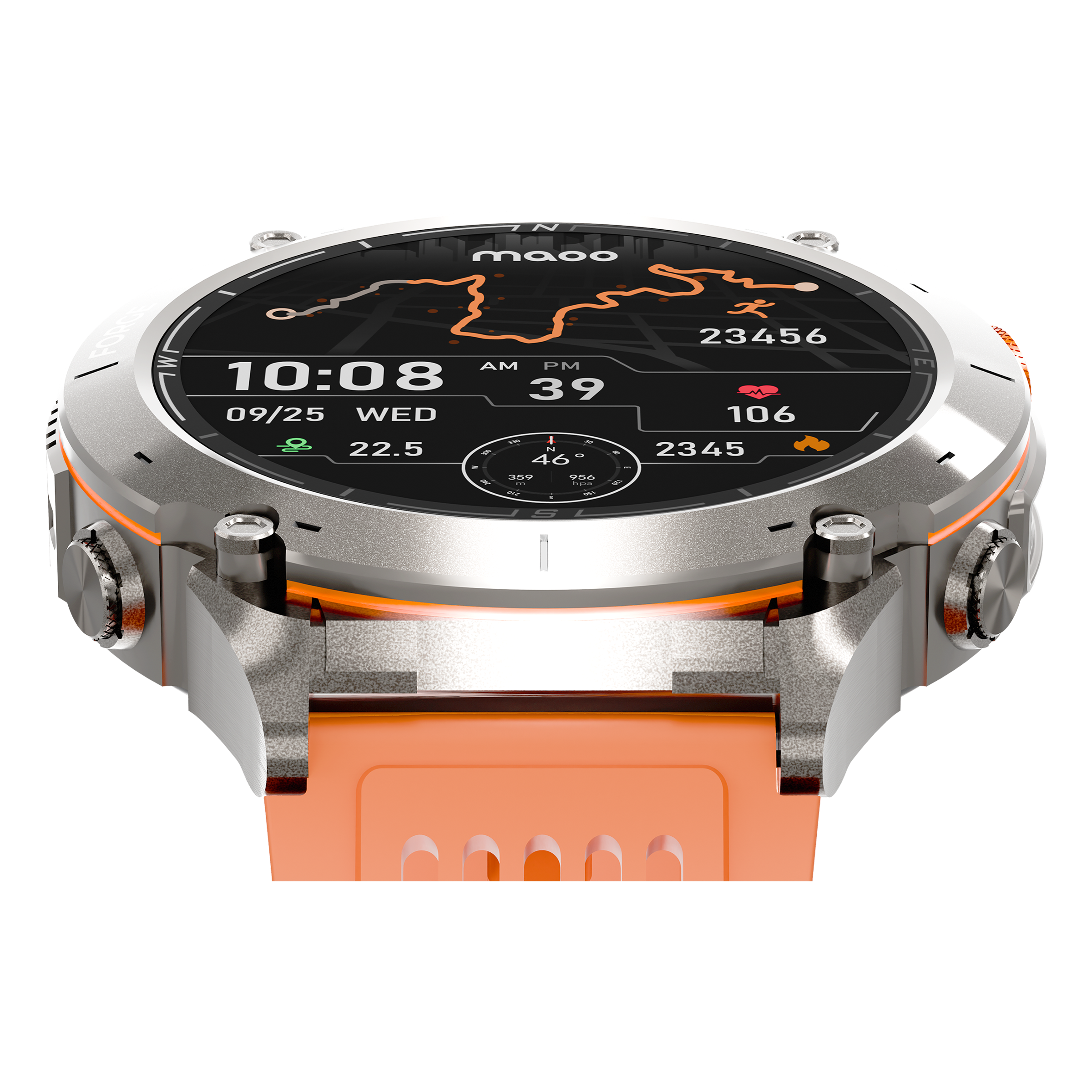 Smartwatch: silber und orange, rundes Display, zeigt Karte, Zeit und Statistiken.