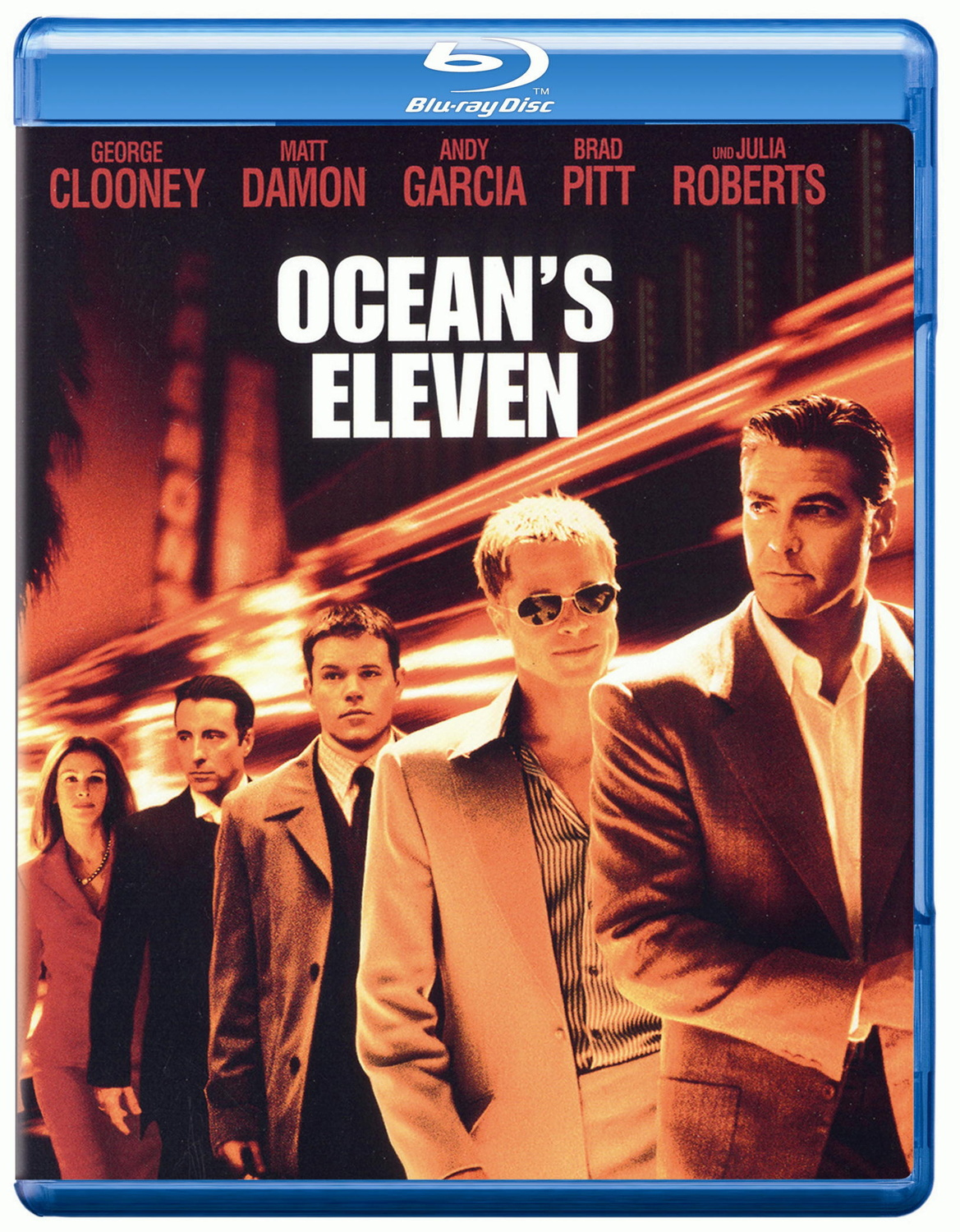 DVD-Cover für 'Ocean's Eleven'. Zeigt George Clooney, Brad Pitt und andere Schauspieler in Anzügen.