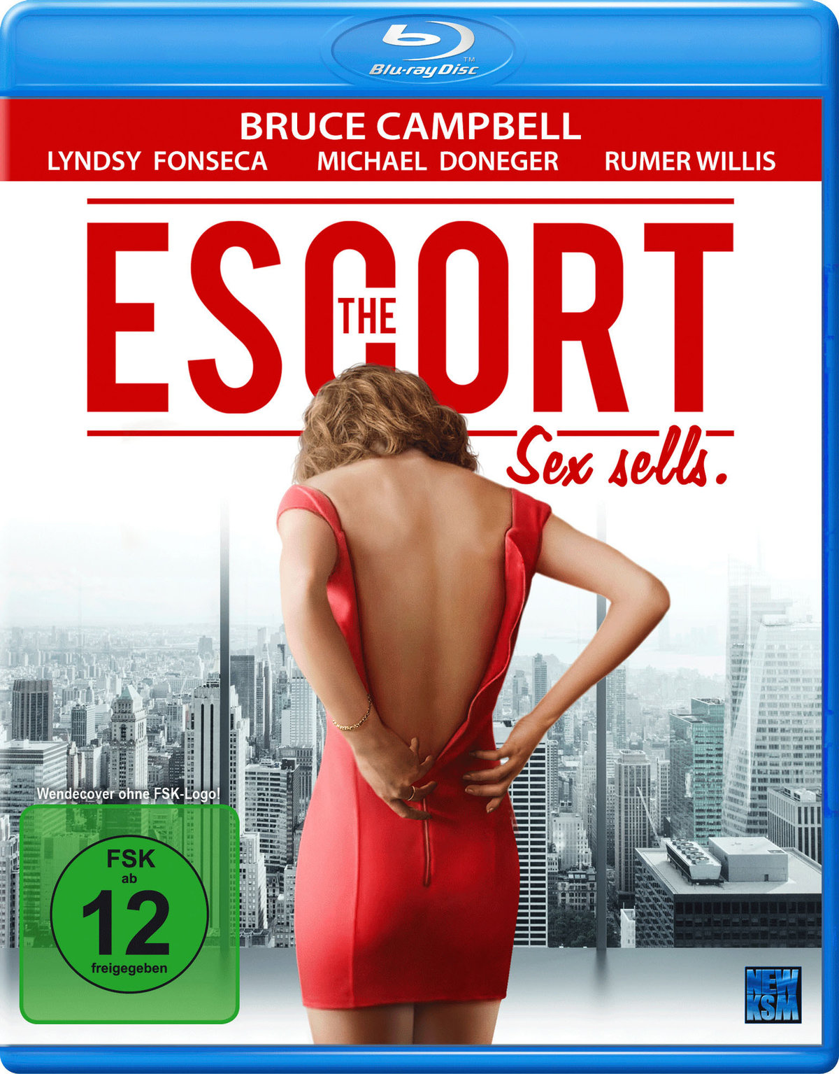 Frau in rotem Kleid, offener Rücken, Stadt im Hintergrund, Filmplakat.