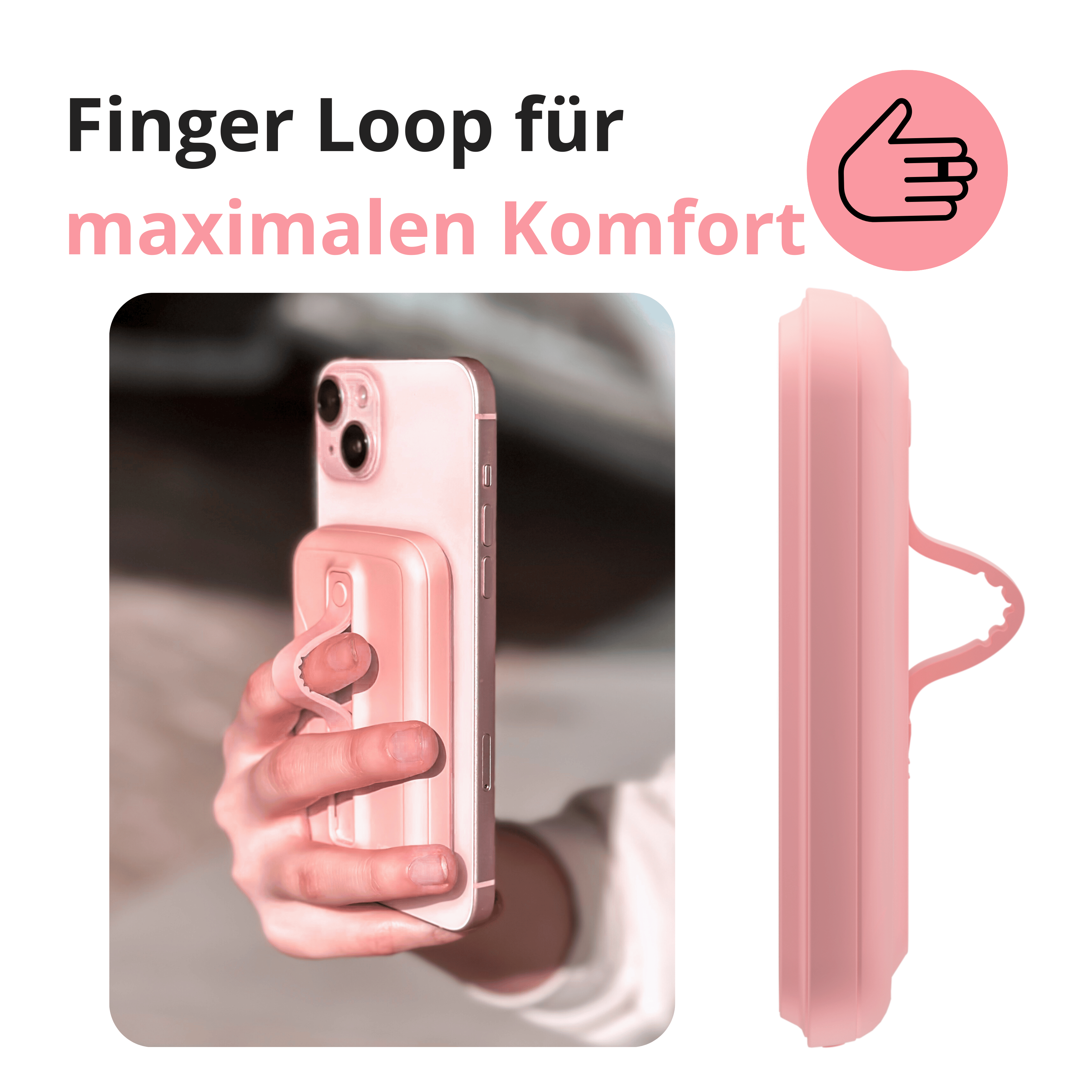 Eine Person, die ein rosa Telefon mit einer rosa Fingerloop-Hülle hält. Die Seitenansicht der Hülle befindet sich rechts.
