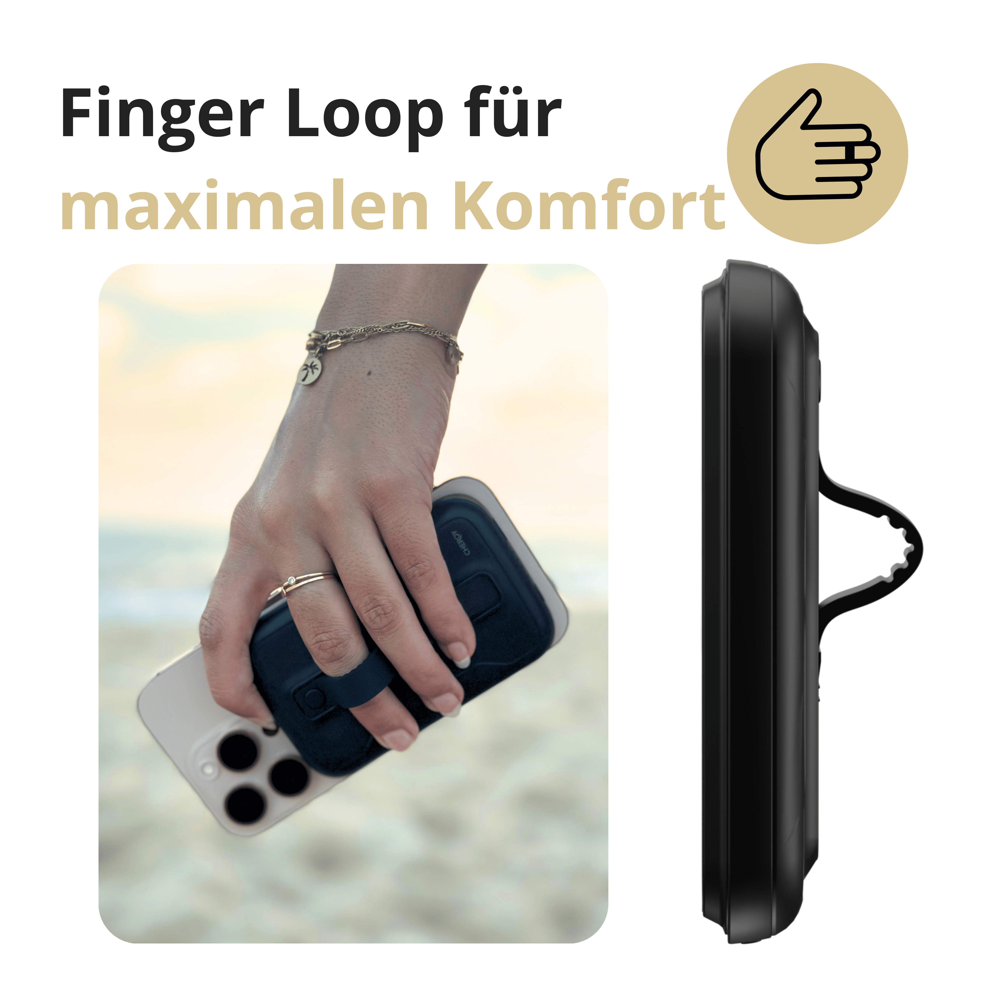Eine Person, die ein weißes Telefon mit einer schwarzen Fingerloop-Hülle hält. Seitenansicht der Hülle rechts.