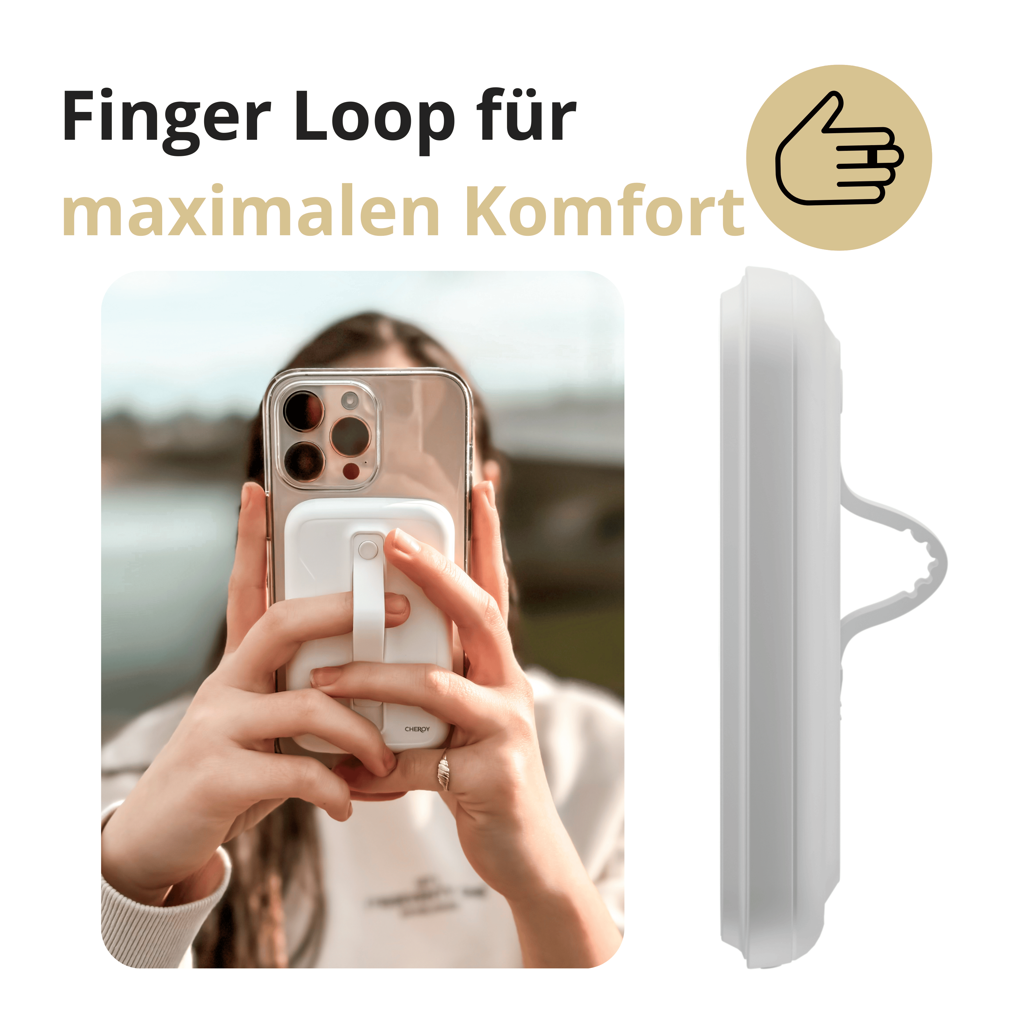 Eine Person, die ein Telefon mit einer weißen Fingerloop-Hülle hält. Die Seitenansicht der Hülle befindet sich auf der rechten Seite.