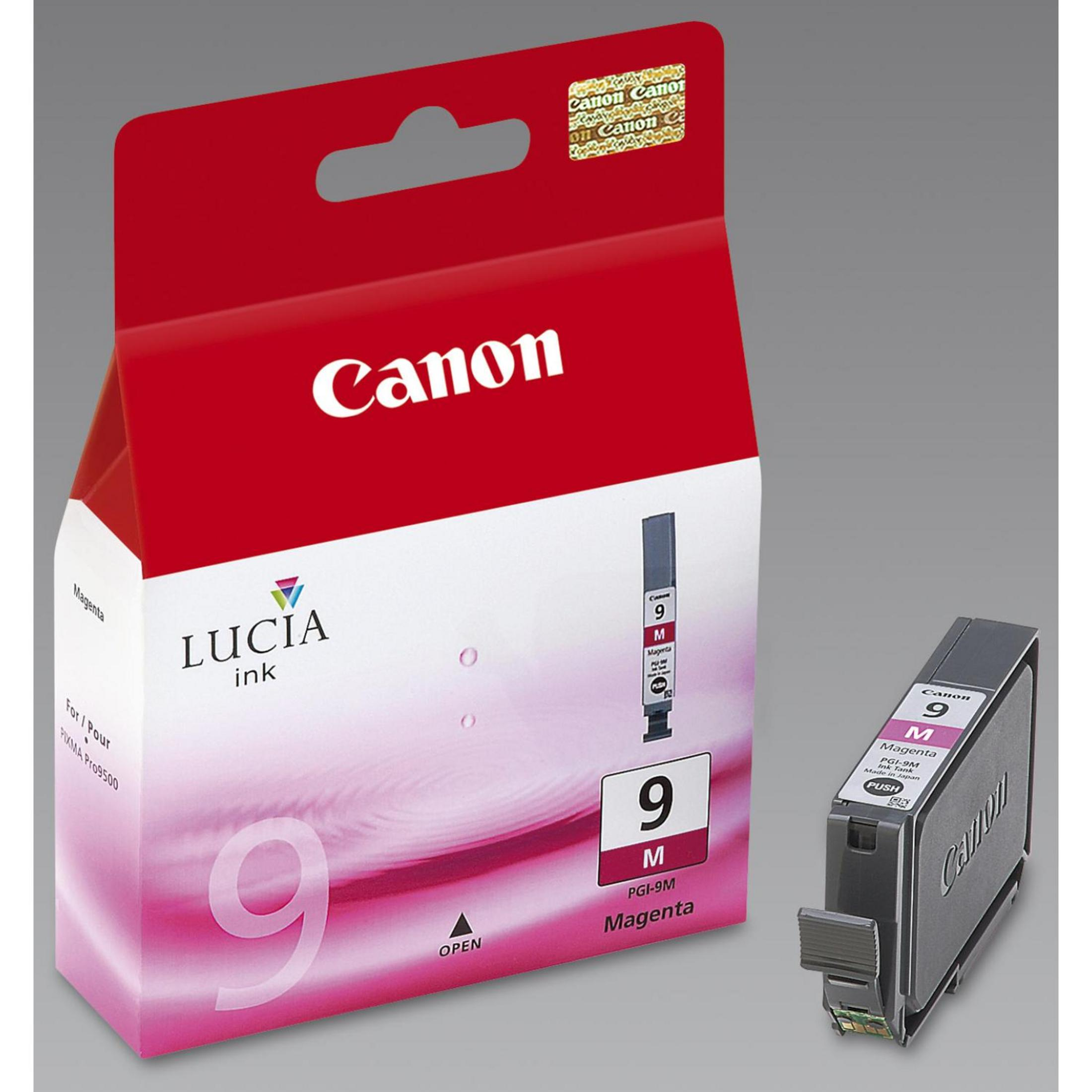 Una scatola di cartucce d'inchiostro Canon rossa e bianca con una singola cartuccia magenta accanto.