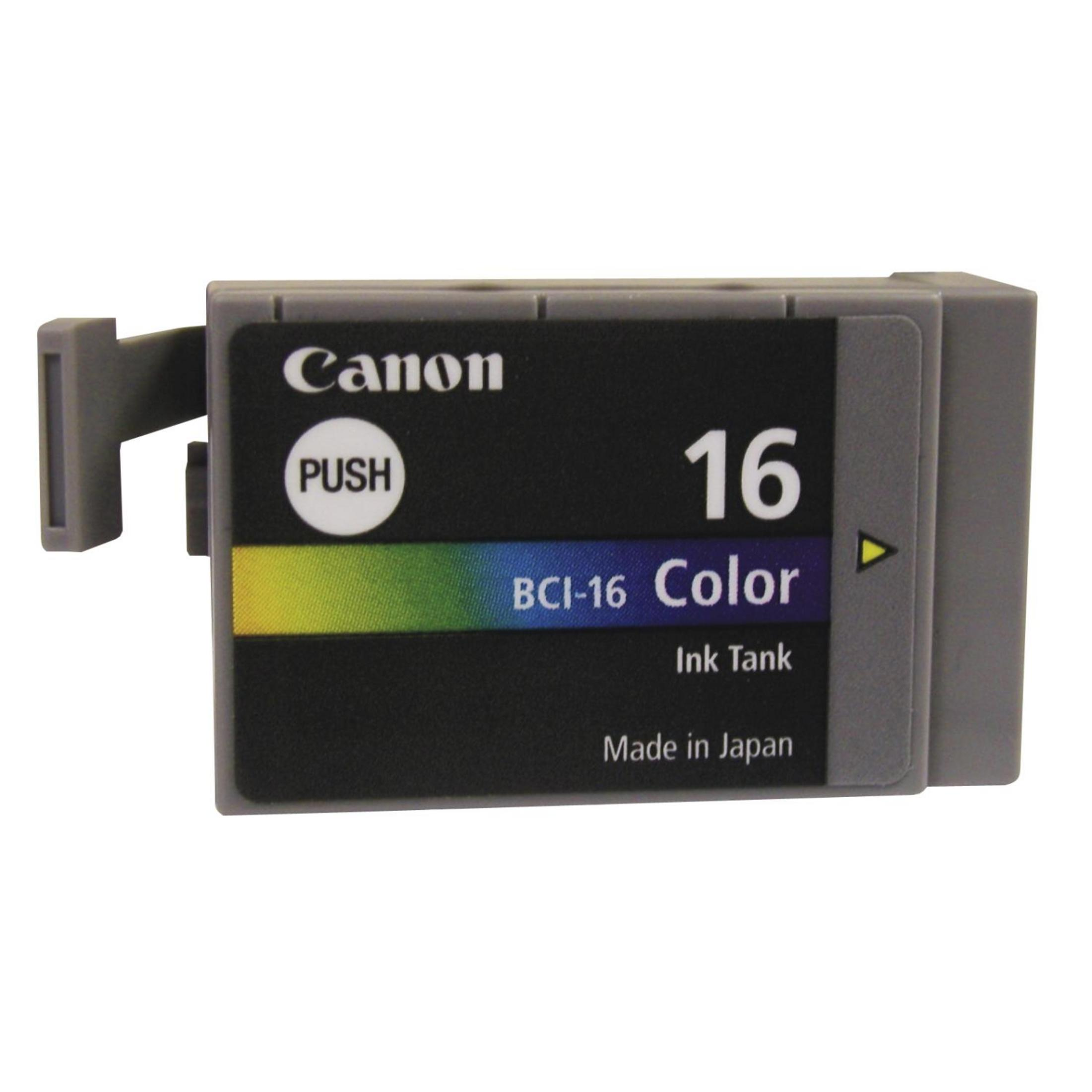 Canon Farb-Tintenpatrone. Die Nummer 16 ist sichtbar. Gelb, Grün und Blau sind sichtbar.