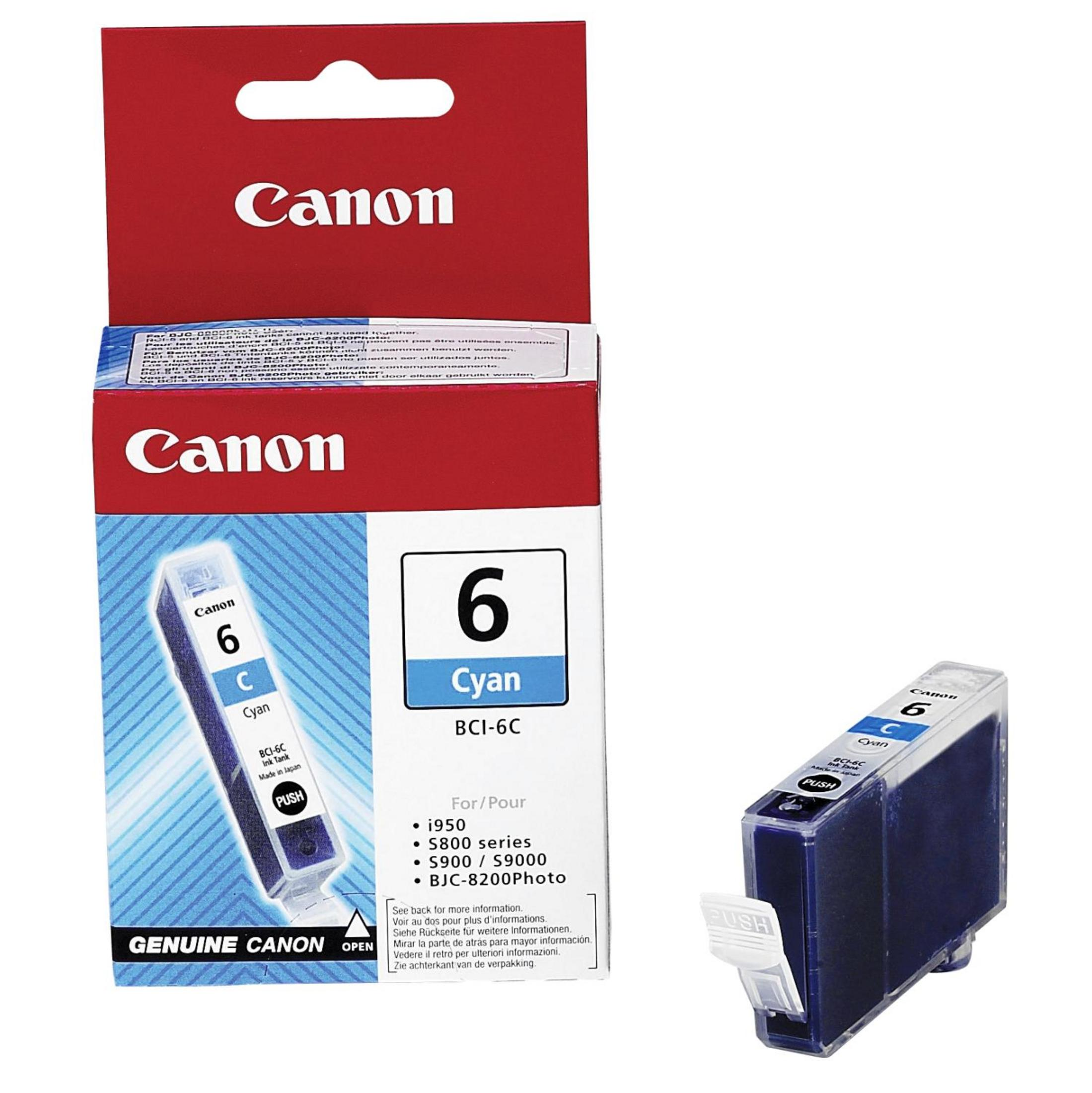 Canon Cyan Tintenpatrone und die Box. Die Verpackung und die Patrone sind sichtbar.