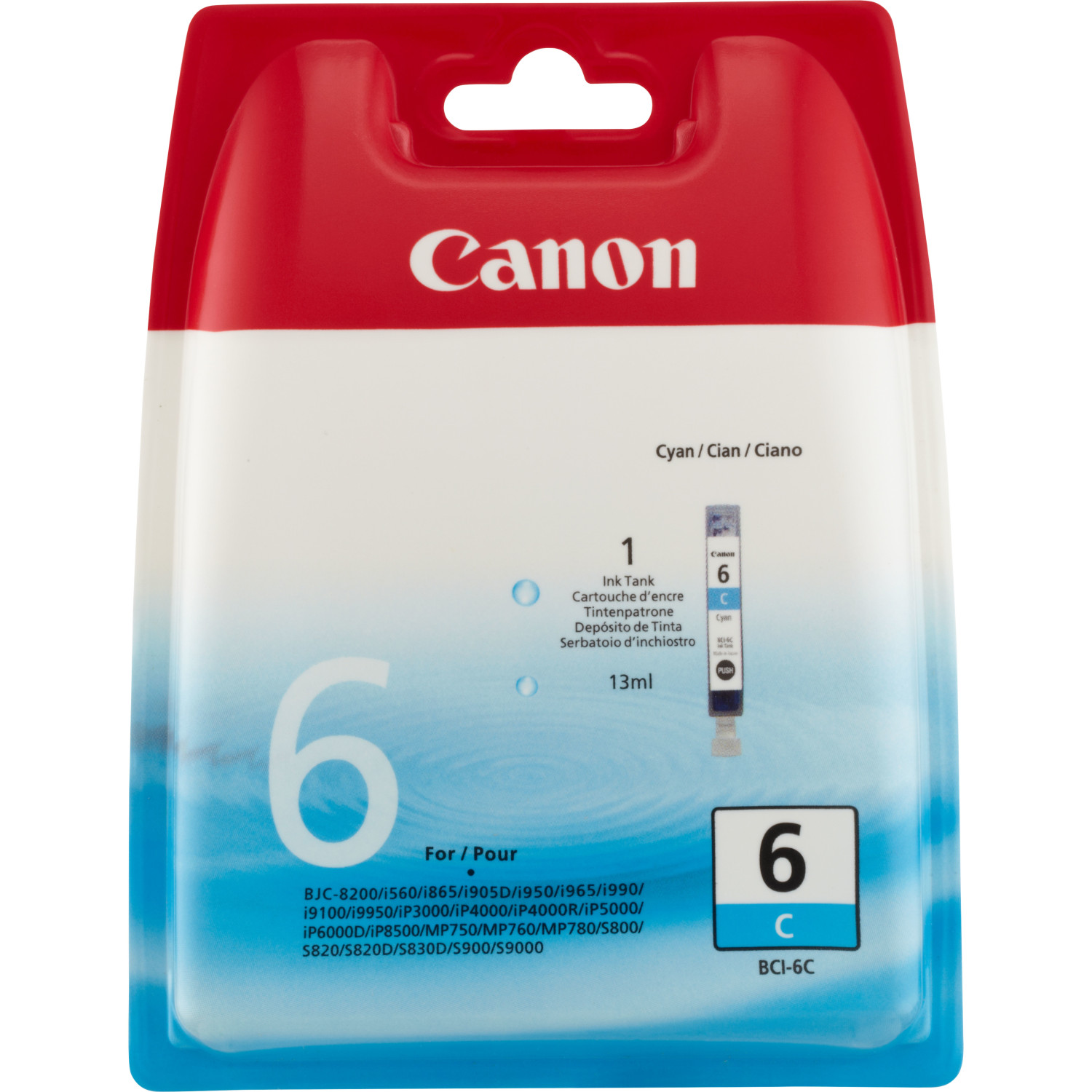 Canon Cyan Tintenpatrone in transparenter Verpackung. Nummer 6 ist sichtbar.