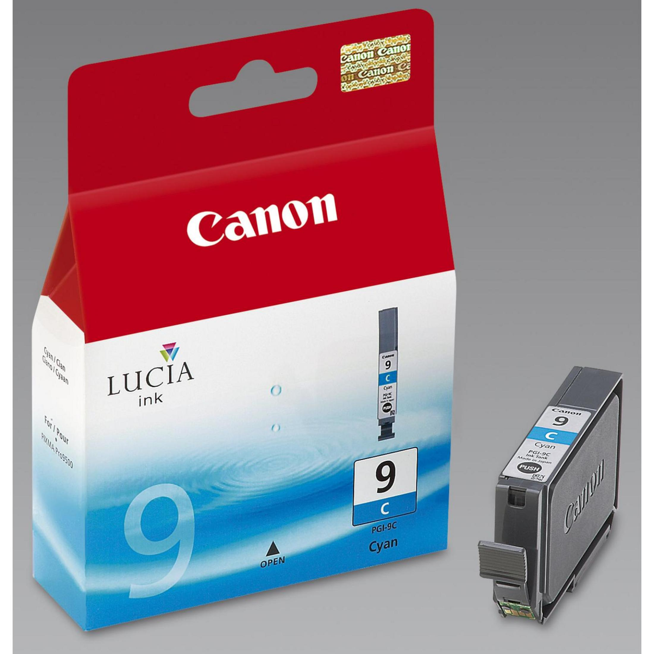 Eine Box und eine cyanfarbene Canon Tintenpatrone mit dem Text "LUCIA ink" auf der Box.
