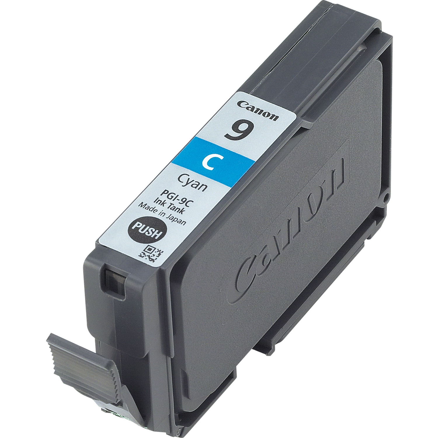 Cyan Canon PGI-9C Tintenpatrone mit grauem Gehäuse und blauem Etikett.