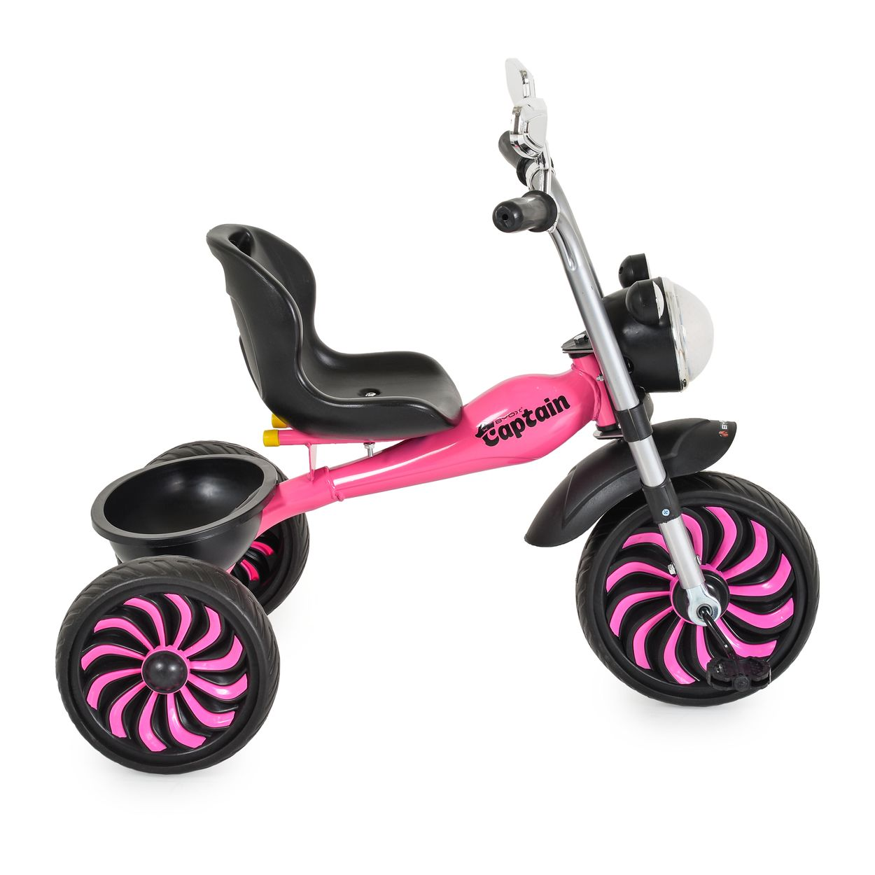 Ein rosa Dreirad mit schwarzen und rosa Rädern sowie einem schwarzen Sitz und Korb.