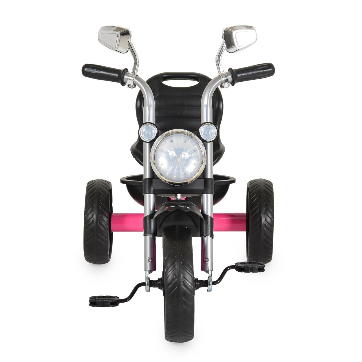 Vorderansicht eines rosa und schwarzen Motorrad-Dreirads.