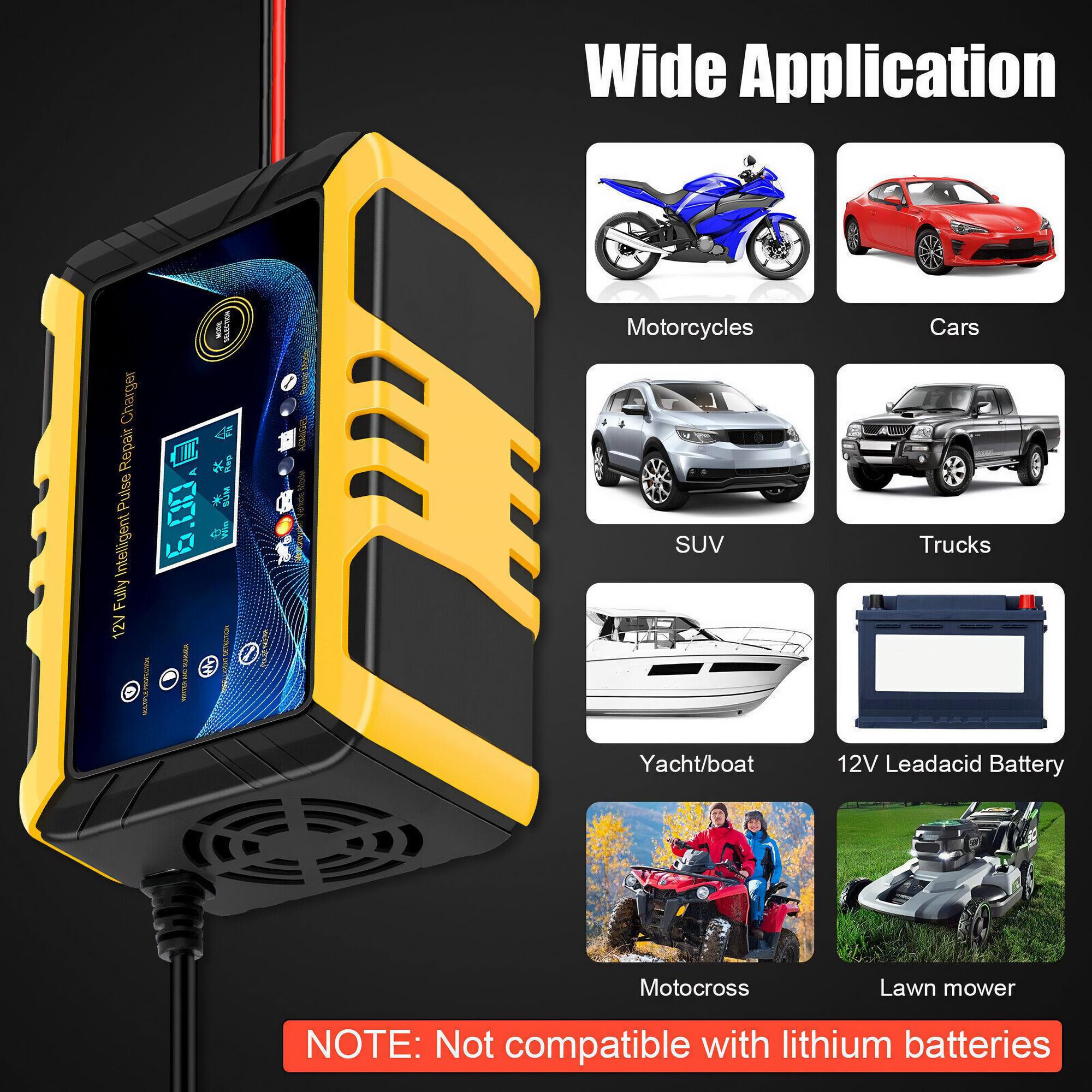 Batterieladegerät mit Bildern von Motorrädern, Autos und anderen Fahrzeugen. Schwarzer Hintergrund.