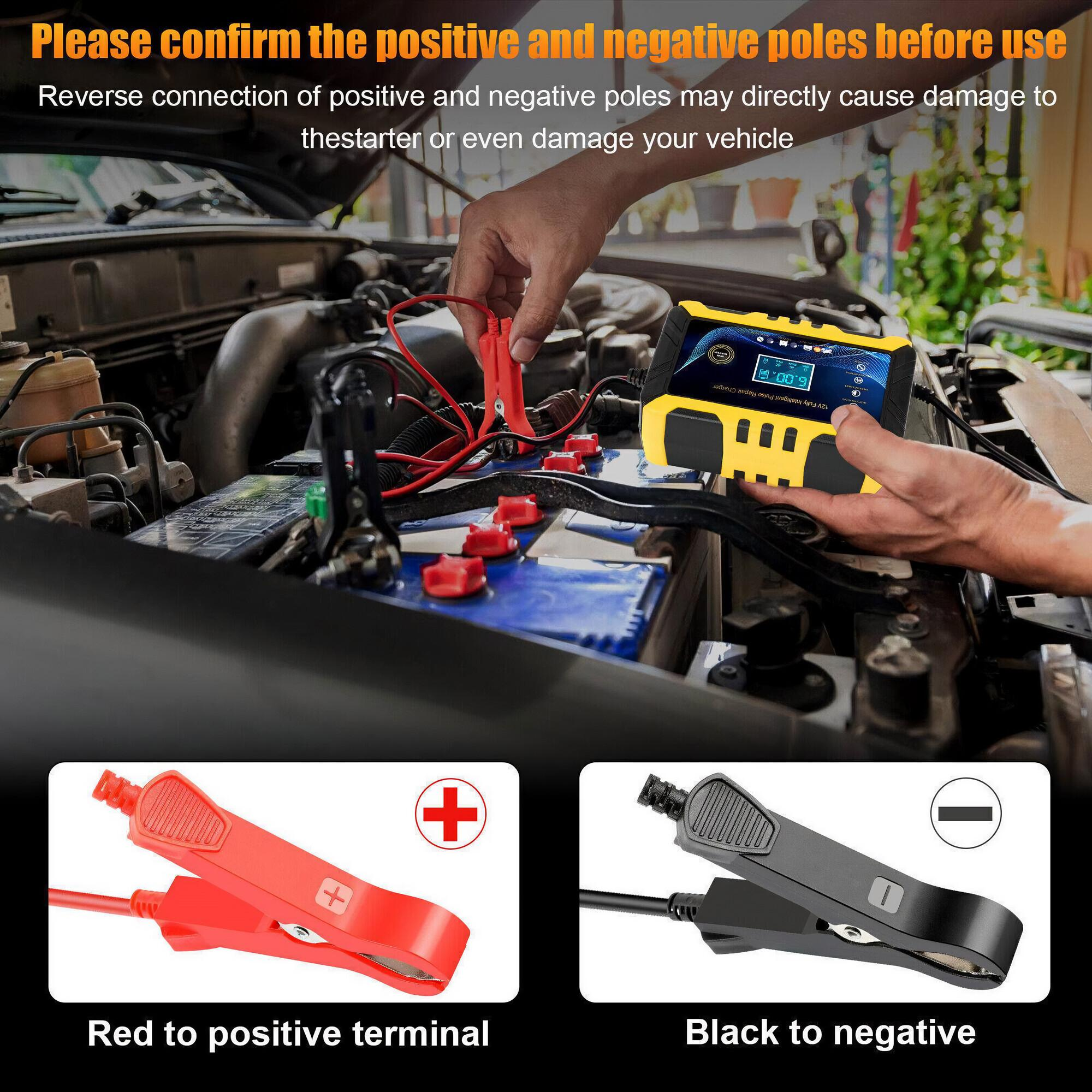 Person verbindet Batterieladeklemmen mit einer Autobatterie. Weißer Hintergrund.