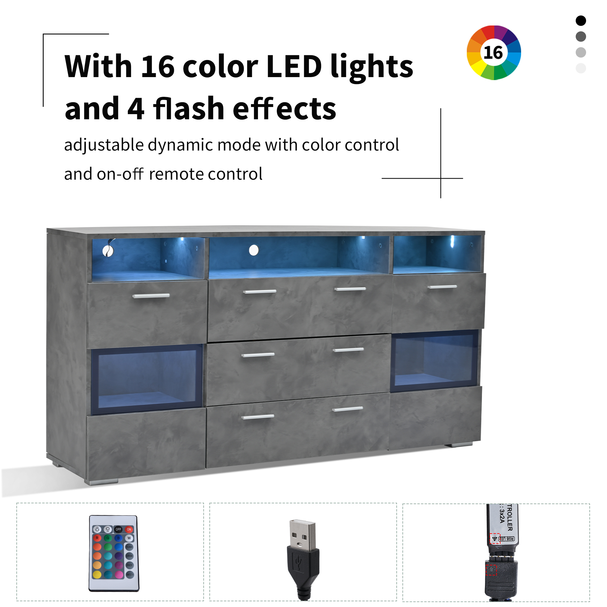 Grauer Schrank mit LED-Lichtern und Fernbedienung. Enthält Schubladen und offene Fächer.