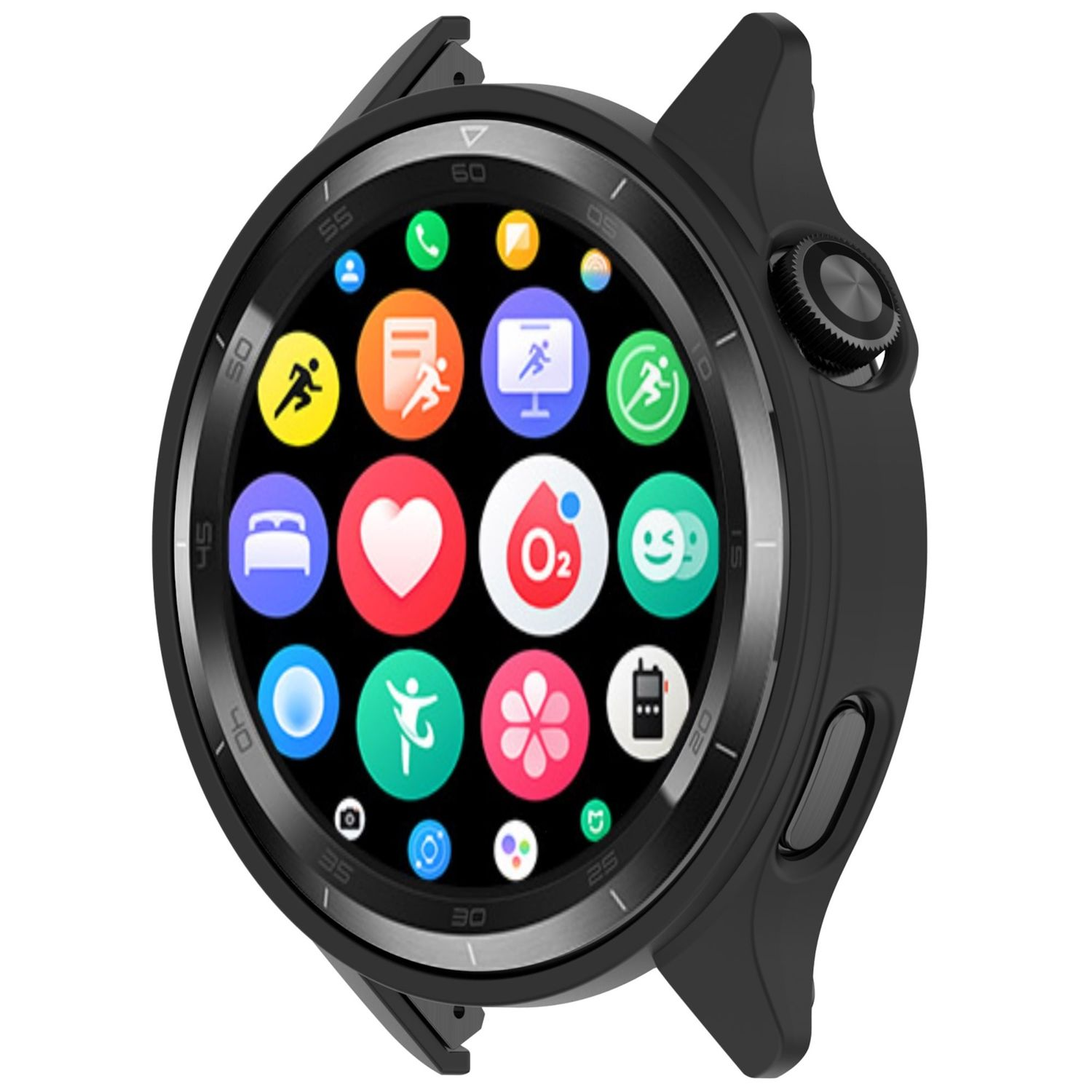 Eine schwarze Smartwatch mit rundem Bildschirm, der verschiedene App-Symbole anzeigt.