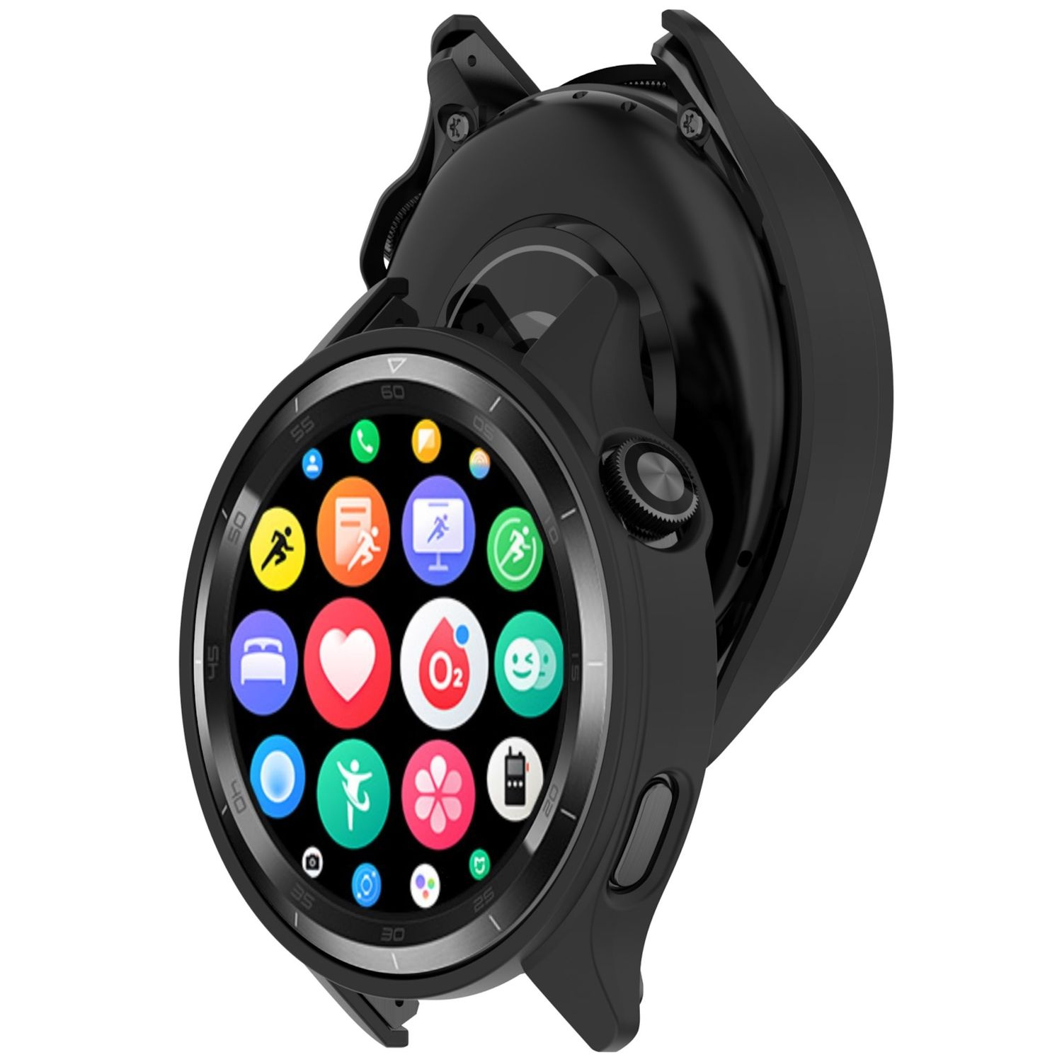 Schwarze Smartwatch auf weißem Hintergrund, mit Symbolen auf dem Bildschirm und einer zweiten Uhrenbasis.