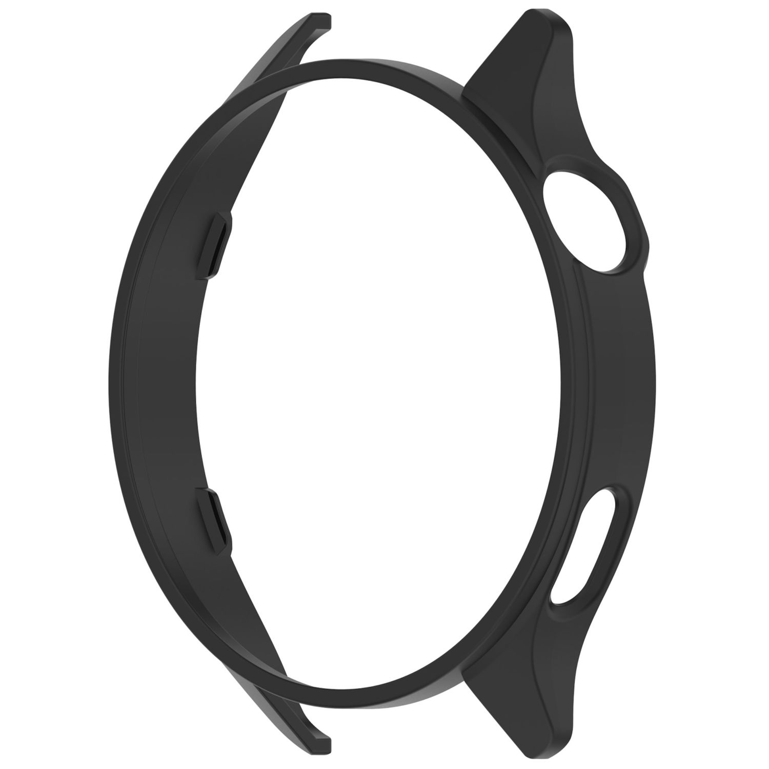 Schwarzes Uhrengehäuse, geformt für eine runde Smartwatch, mit Öffnungen für Knöpfe und Sensoren.