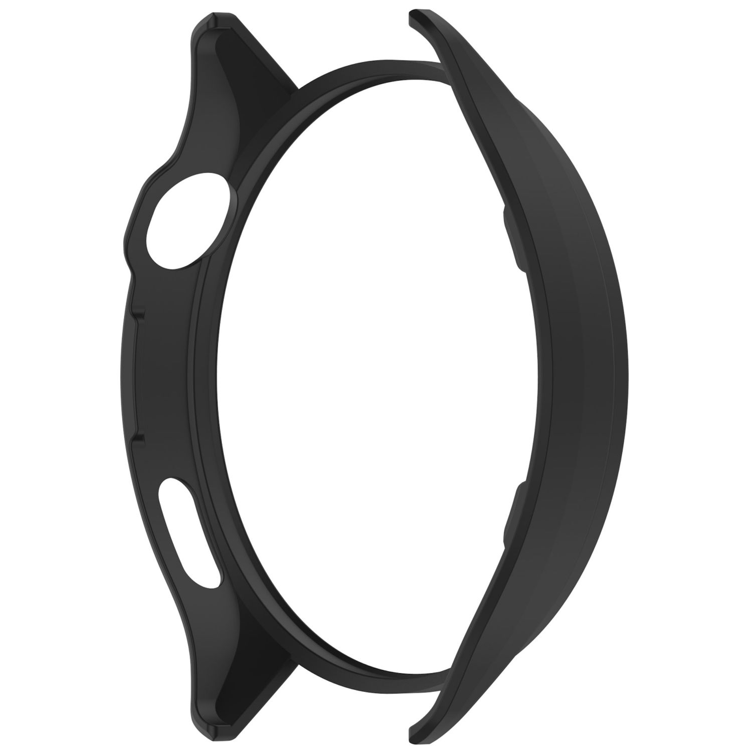 Ein schwarzes Uhrengehäuse. Das Uhrengehäuse ist geöffnet.